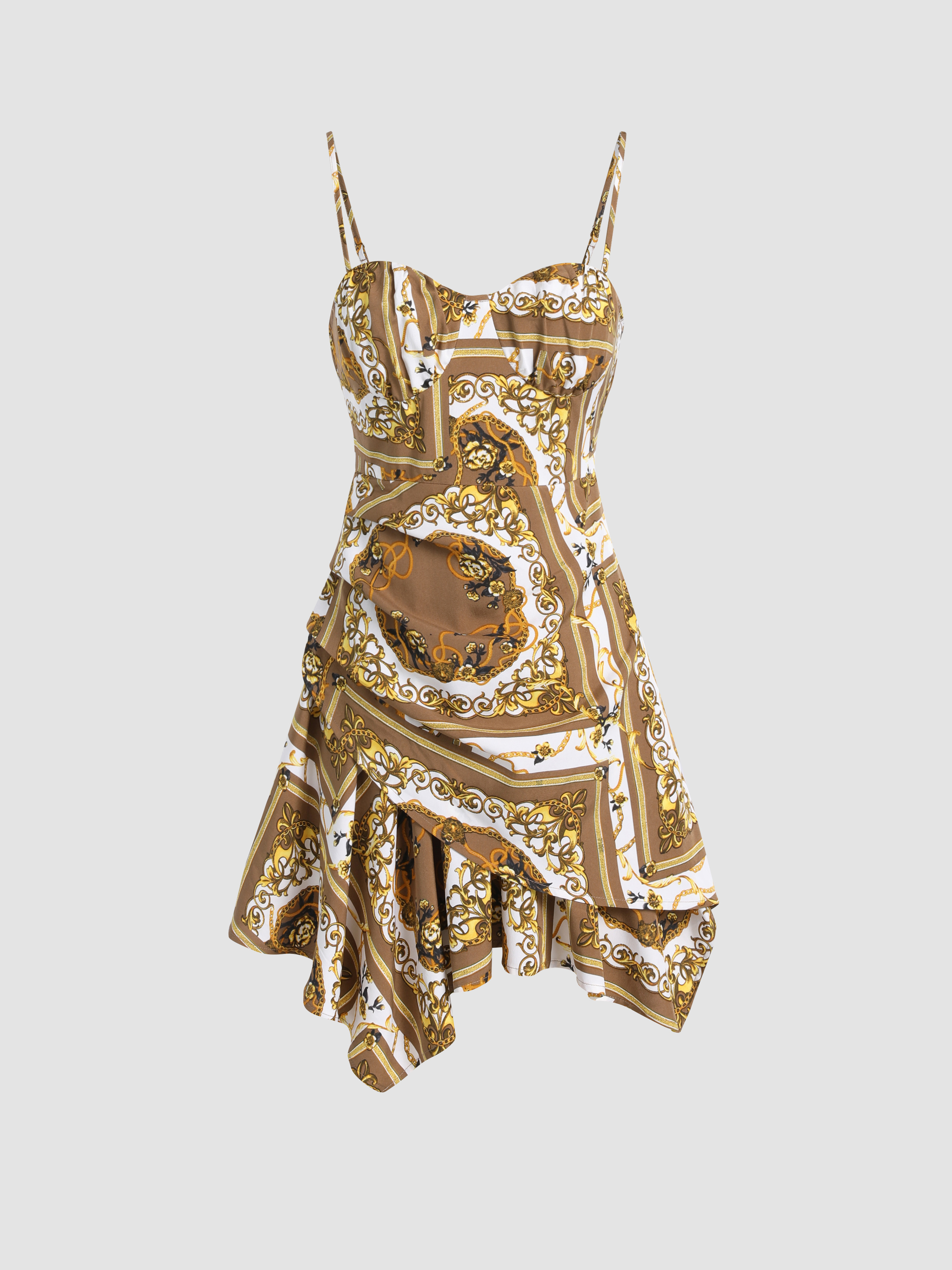 Boho Paisley Asymmetrical Hem Mini Dress Cider