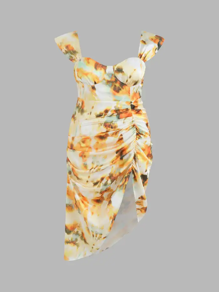 orange tie dye ruched dress Orange Tie Dye Ruched Side Ribbed T-shirt Dress