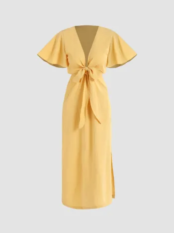 Einfarbiges Midi-Kleid mit Schleifen-Ausschnitt