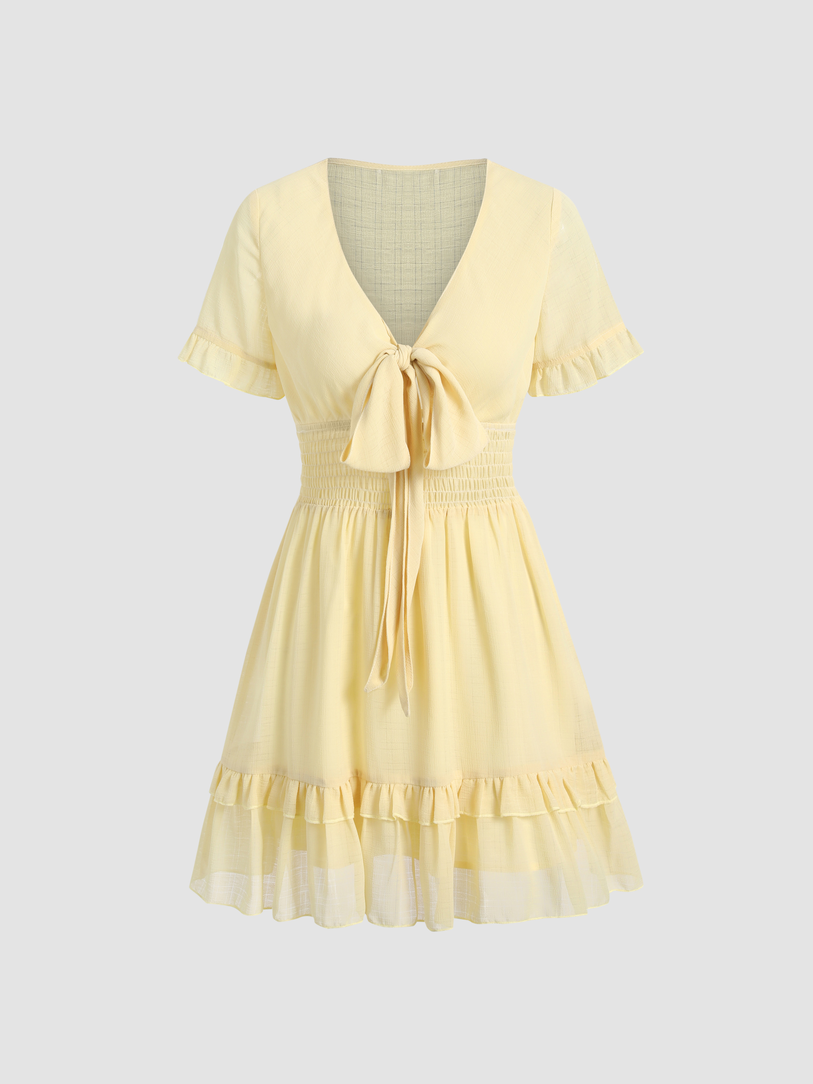 Solid Bow Shirred Ruffle Hem Mini Dress