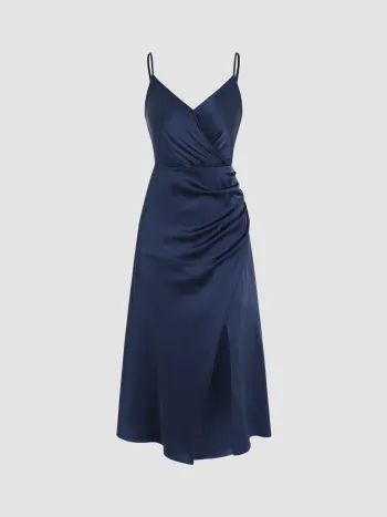 Einfarbiges Wrap-Midi-Kleid mit Schlitz