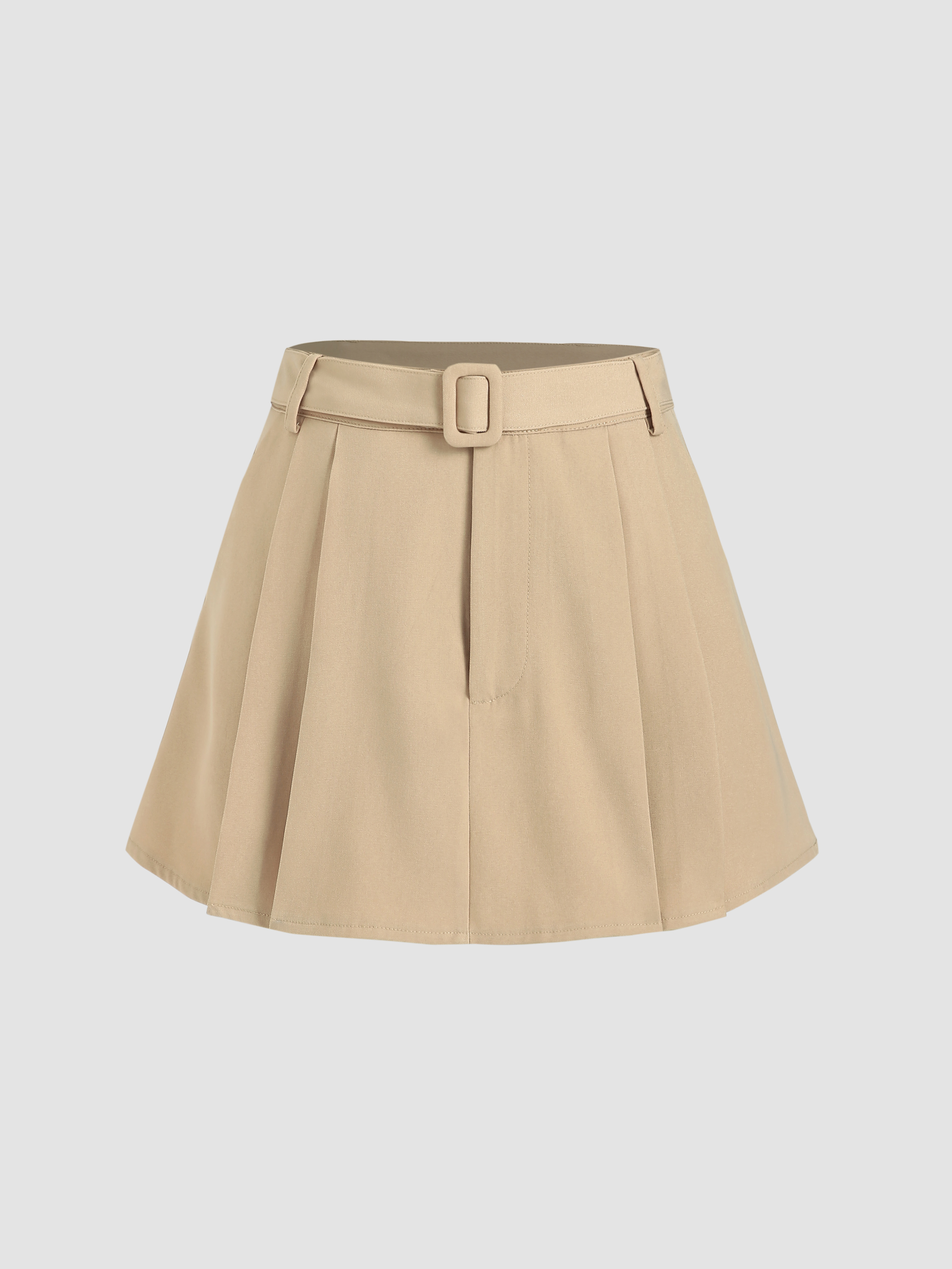 Solid Pleated Mini Skirt With Belt - Cider