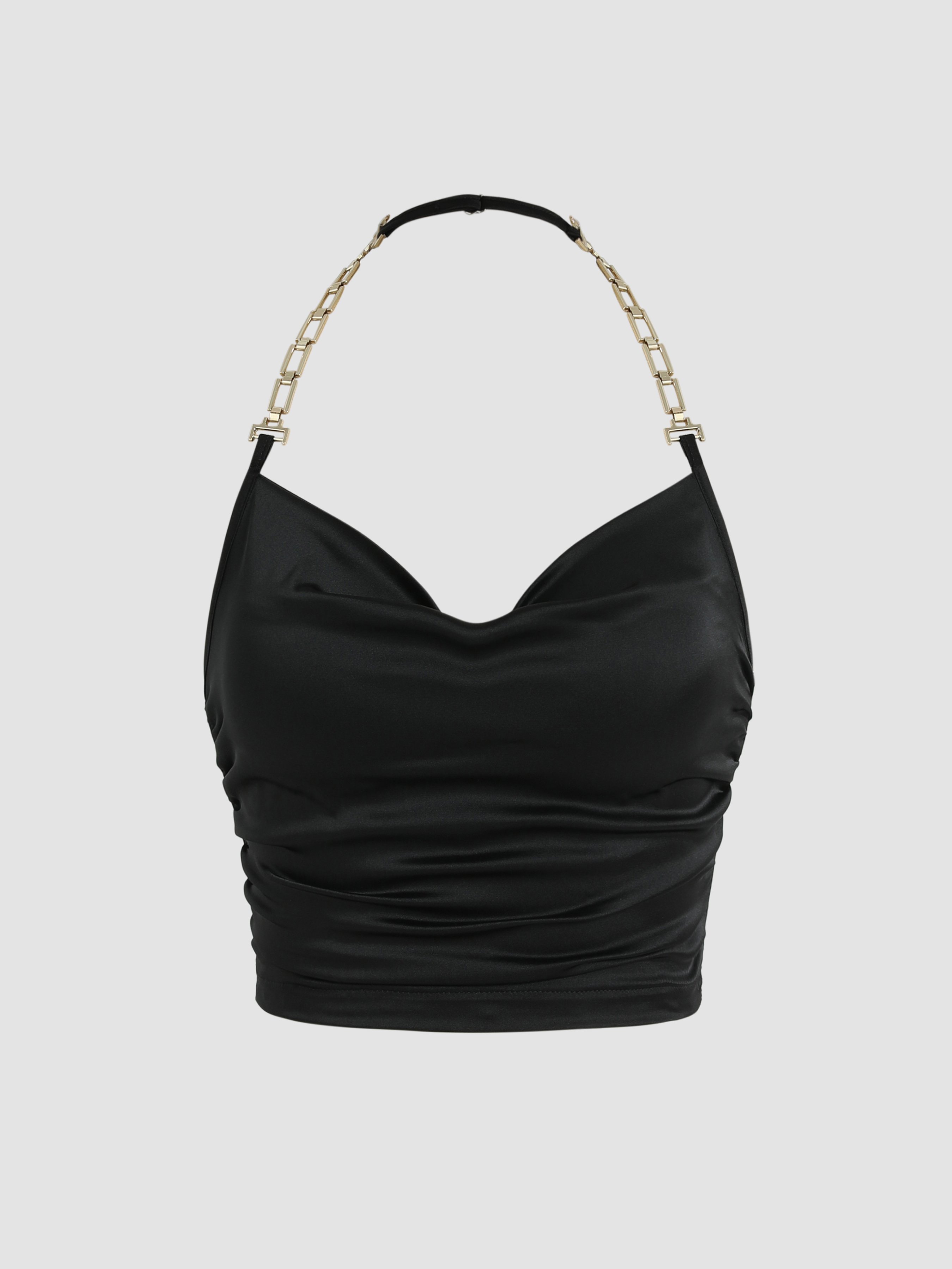 Solid Satin Chain Cowl Neck Tank Top