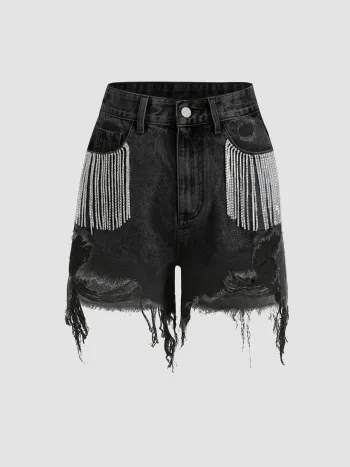 Diamant Quasten Zerrissene Denim Shorts