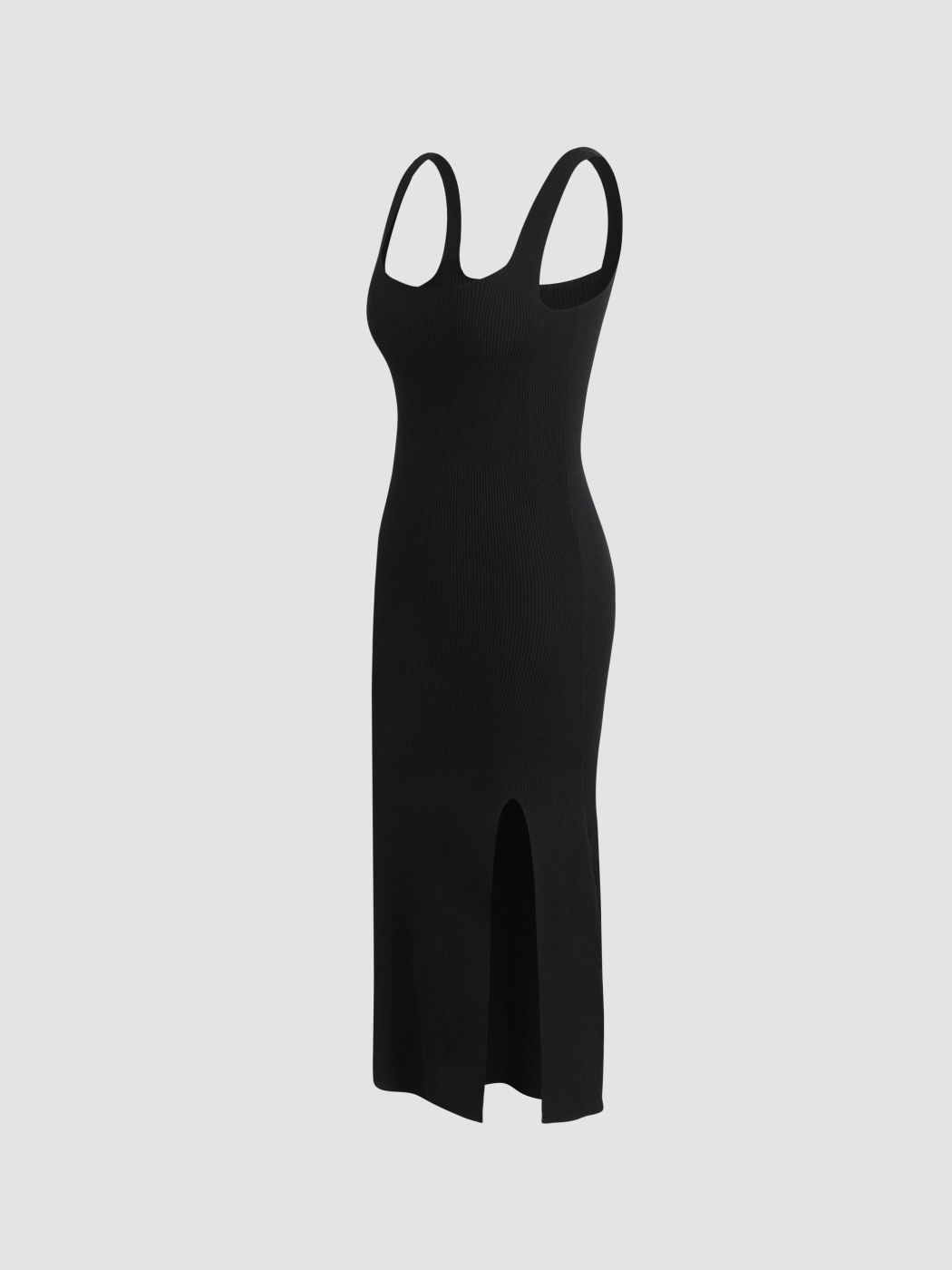 Knit Solid Slit Midi Dress