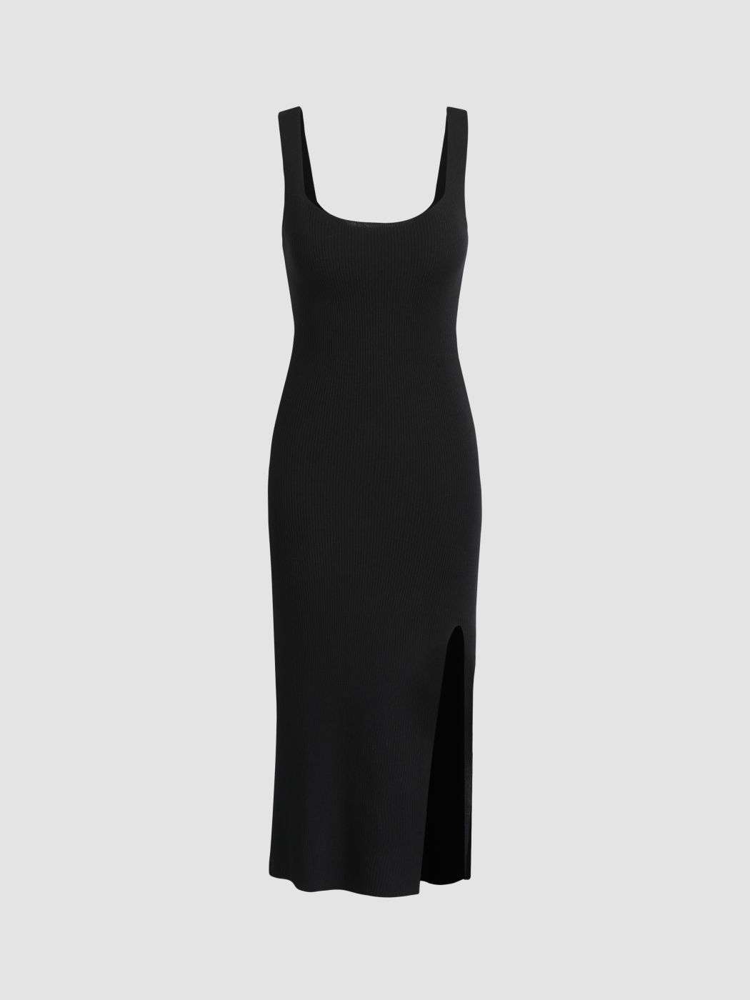 Knit Solid Slit Midi Dress
