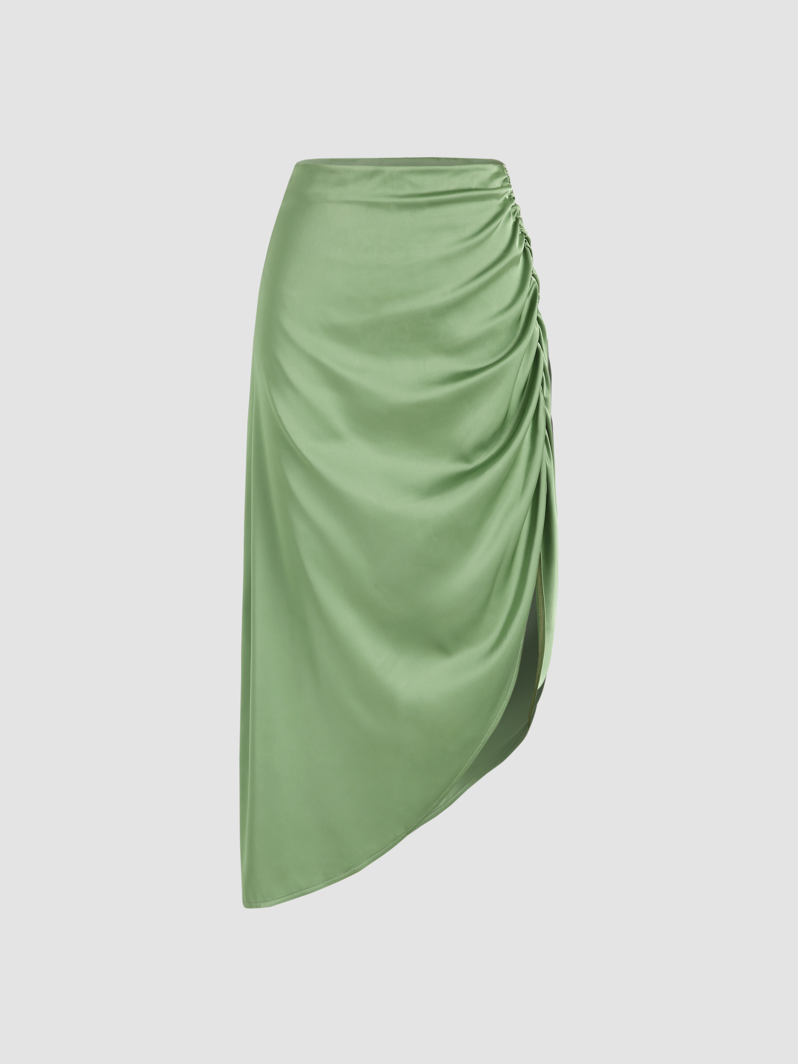 Solid Ruched Slit Midi Skirt