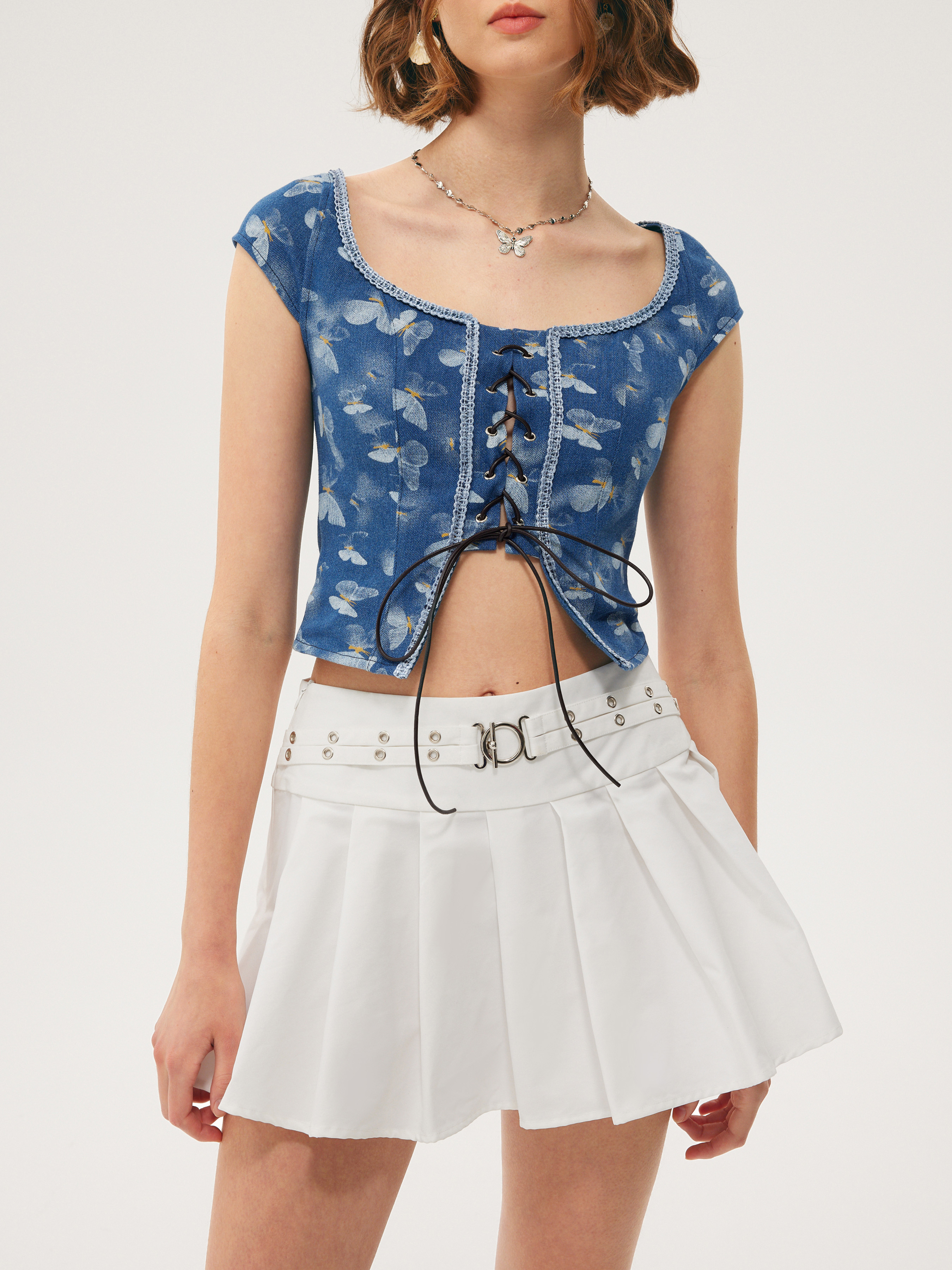 denim lace up crop top