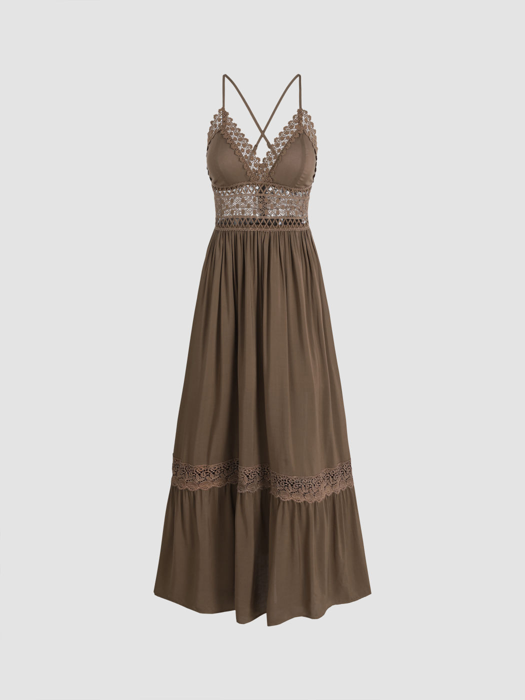 Solid Lace Trim Tiered Maxi Dress
