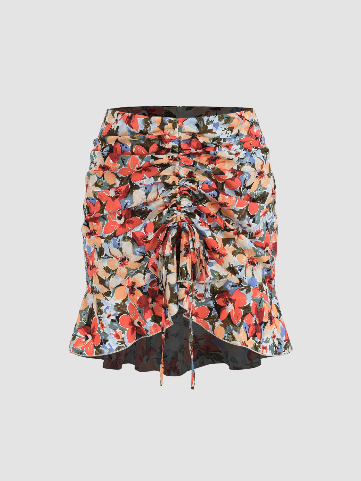 Floral Ruched Ruffle Hem Skirt