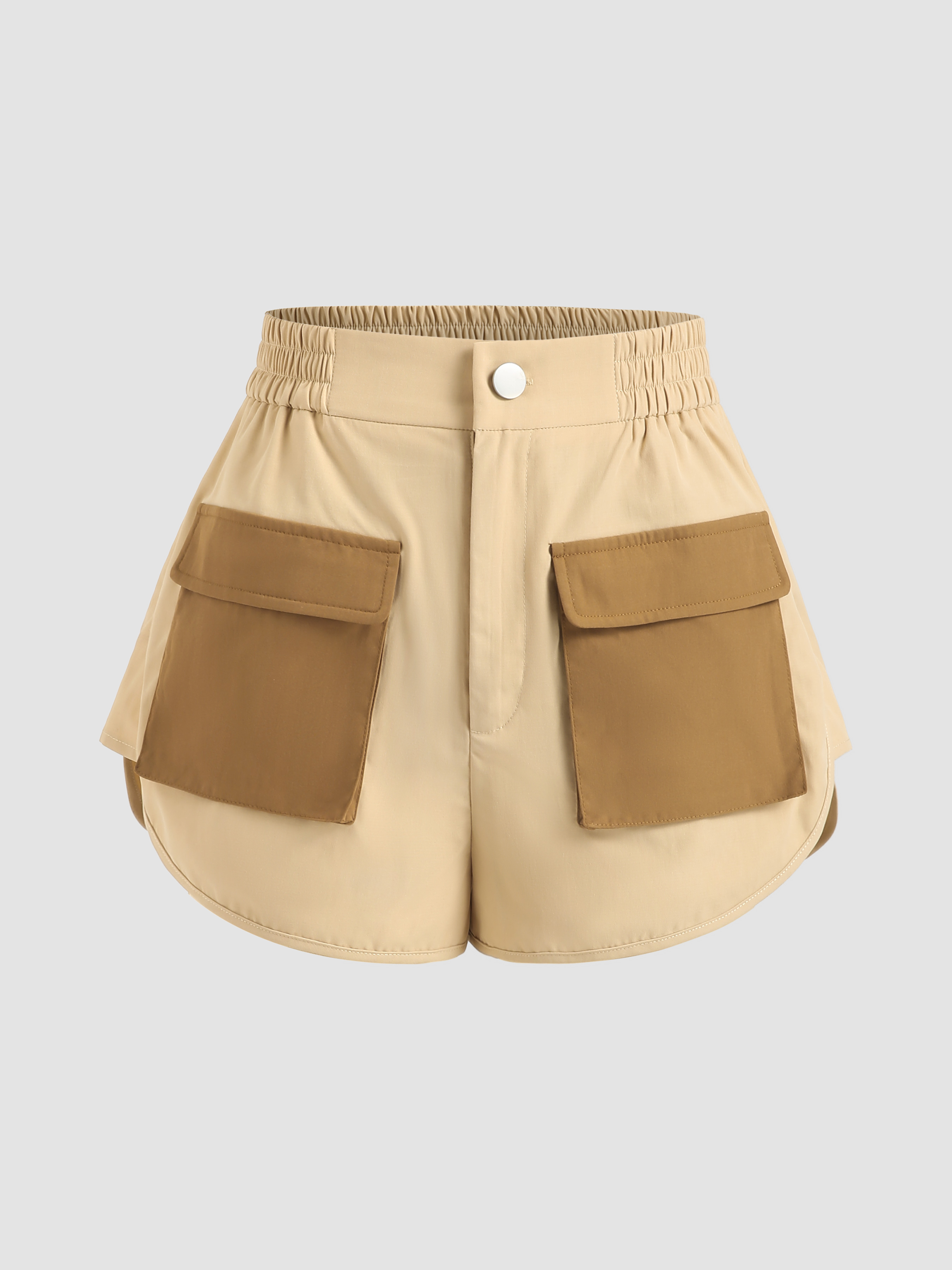 Patchwork Pocket Elastic Waist Shorts - Cider