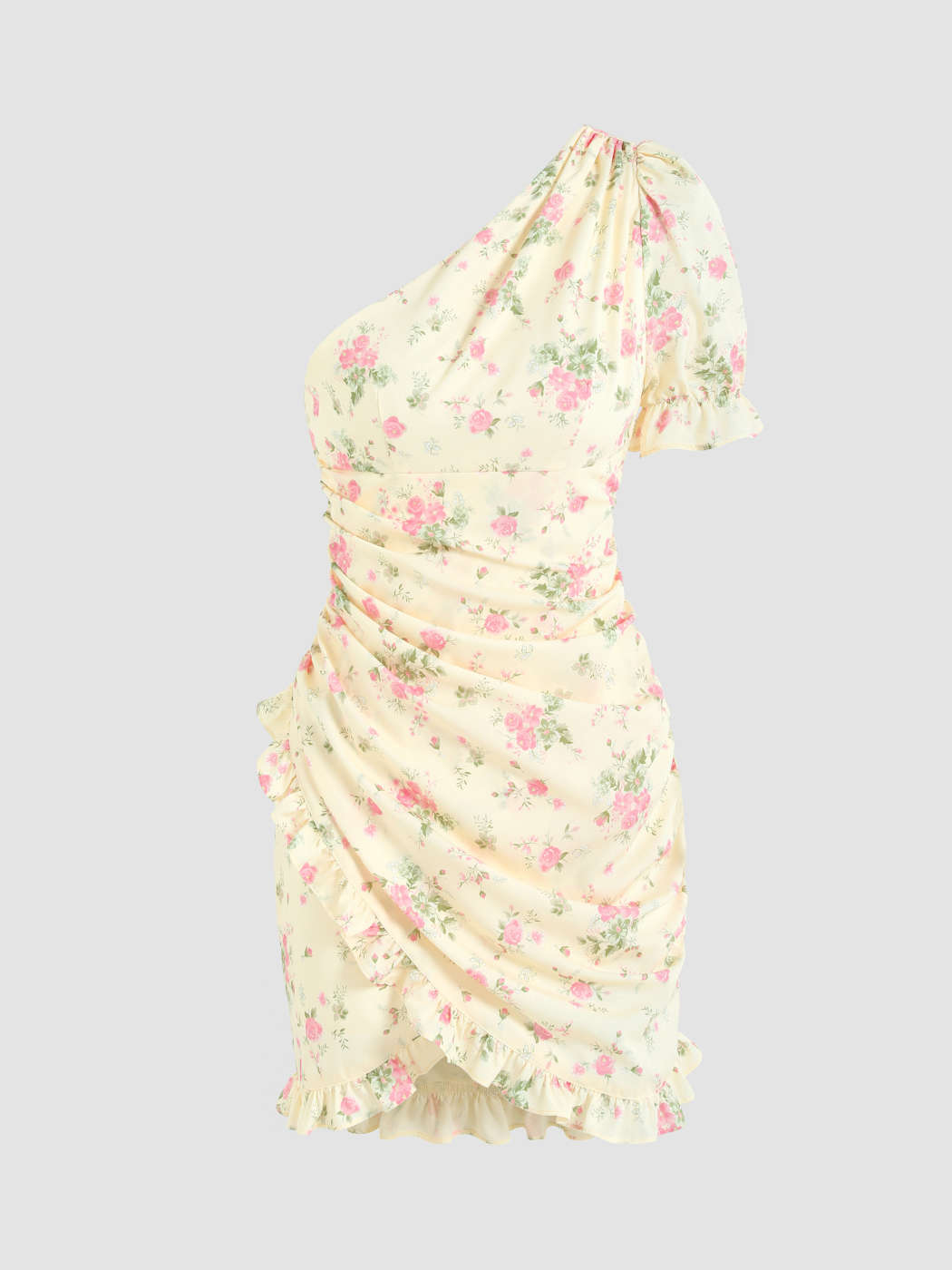 Pink Floral One Shoulder Draped Chiffon Dress