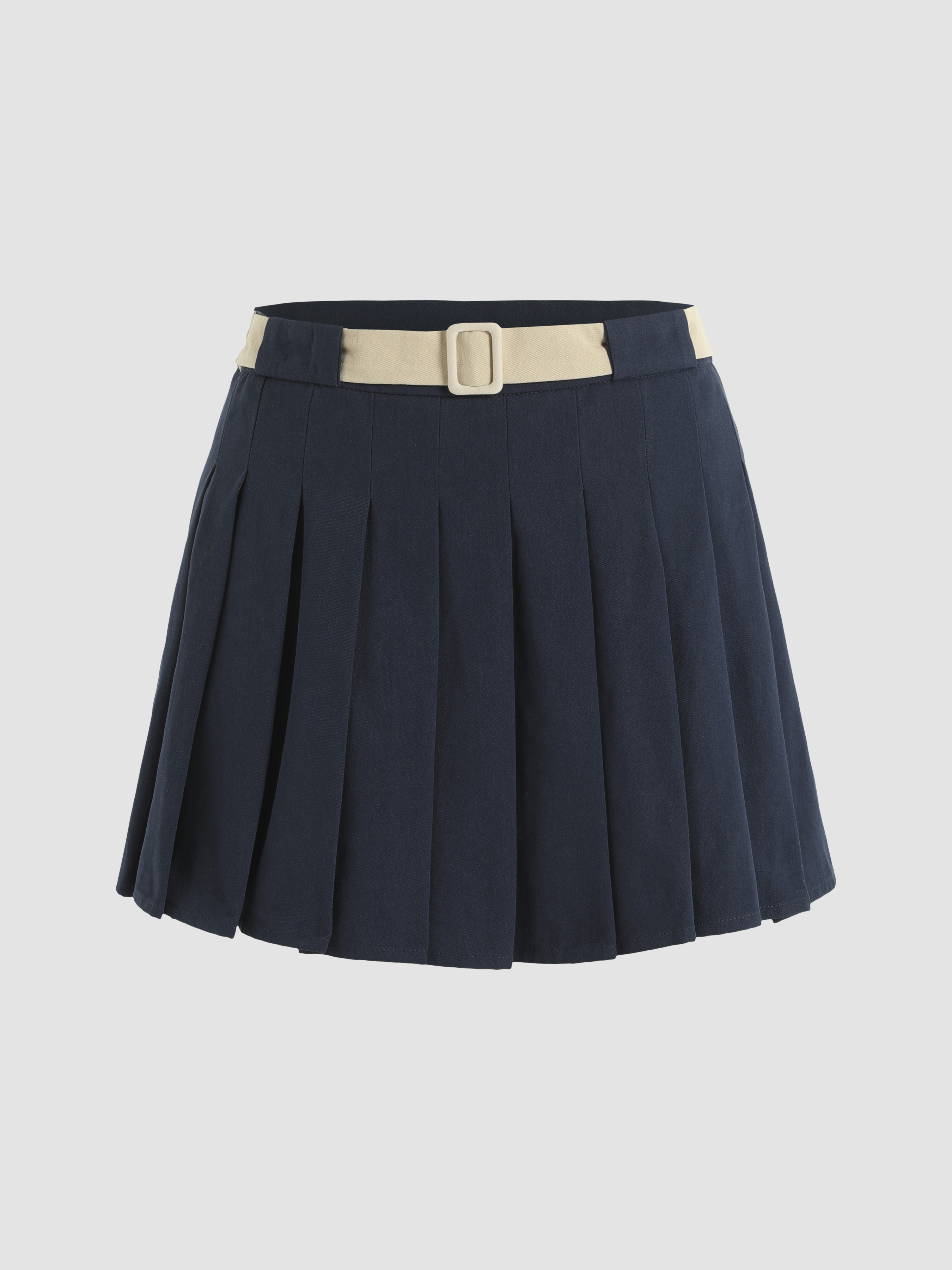 Solid Pleated Mini Skirt With Belt For Daily Casual Date