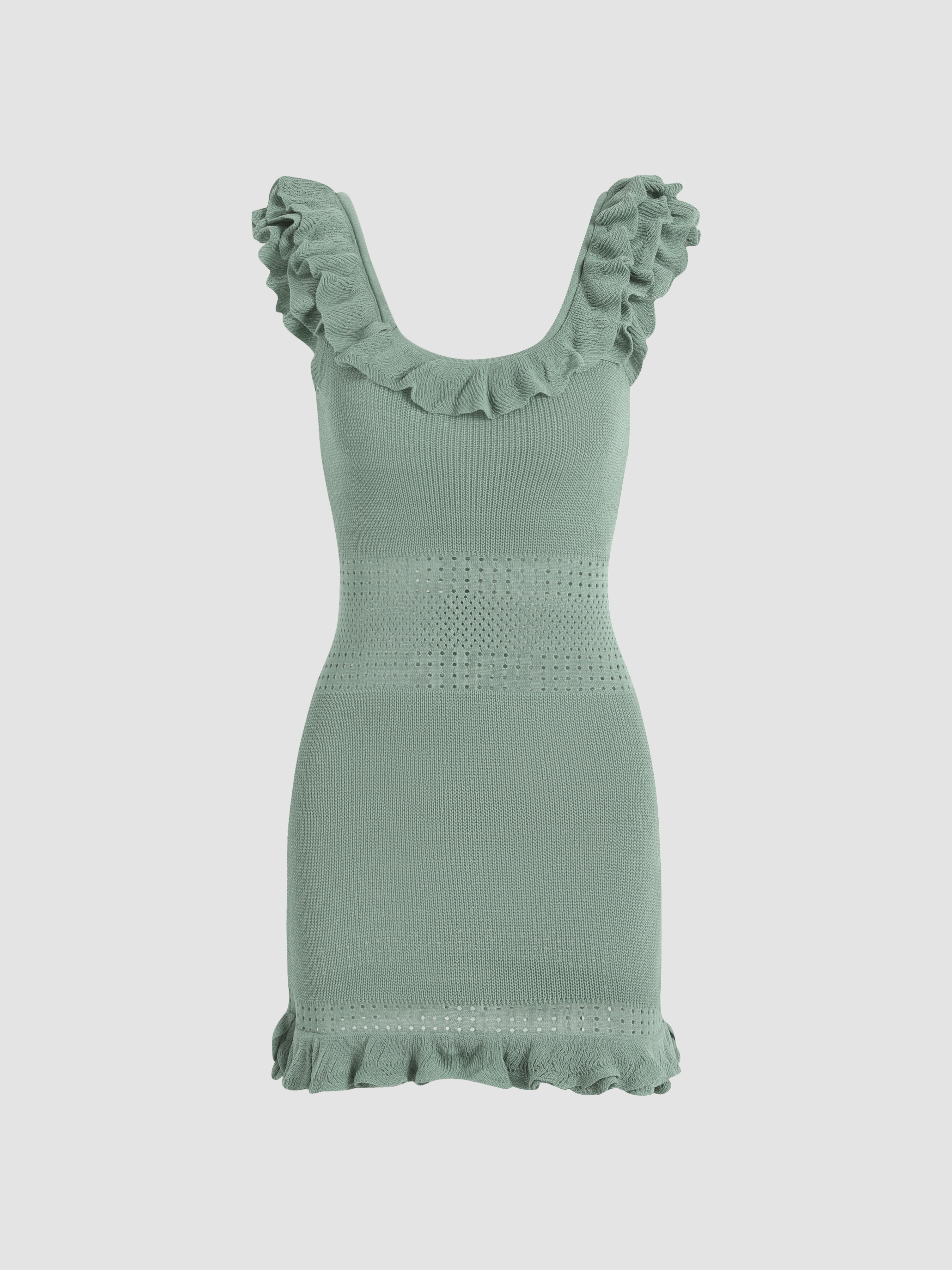 Knit Ruffle Hollow Out Mini Dress - Cider