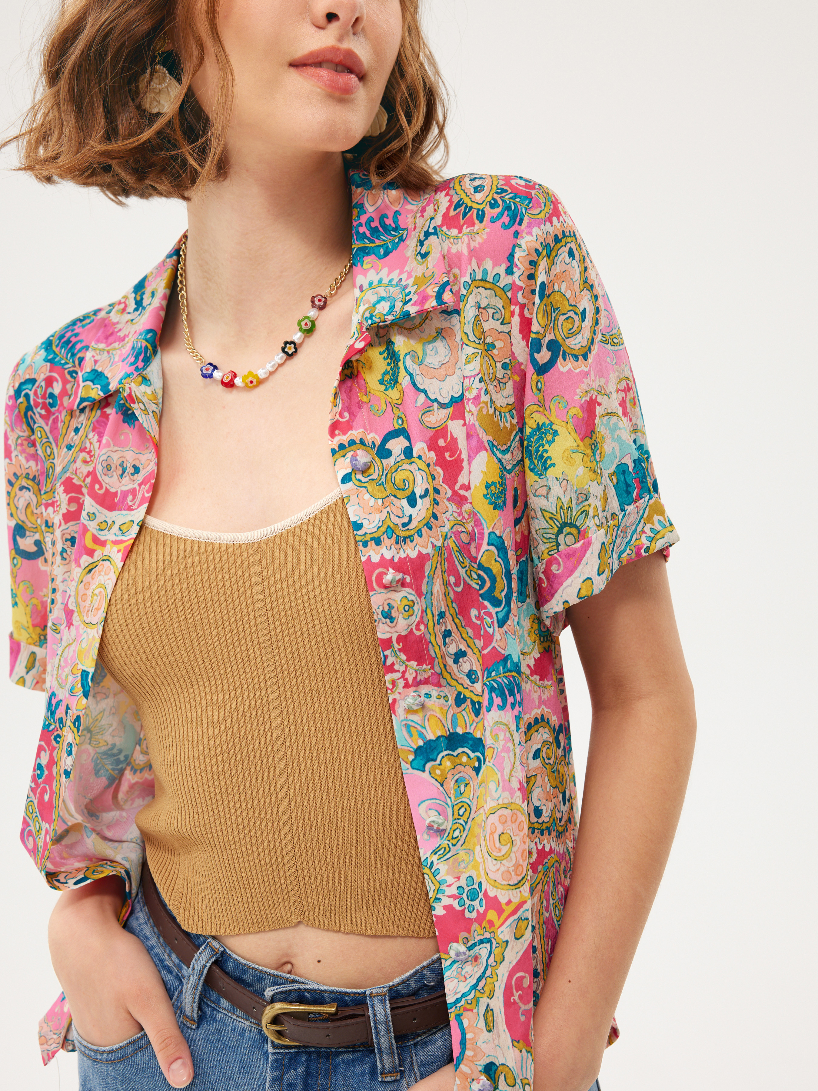 Paisley Print Button Down Shirt - Cider