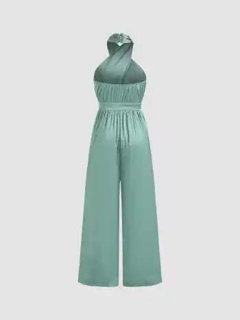 Combinaison Satinée Unie à Col Halter Croisé