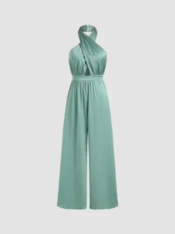 Combinaison Satinée Unie à Col Halter Croisé