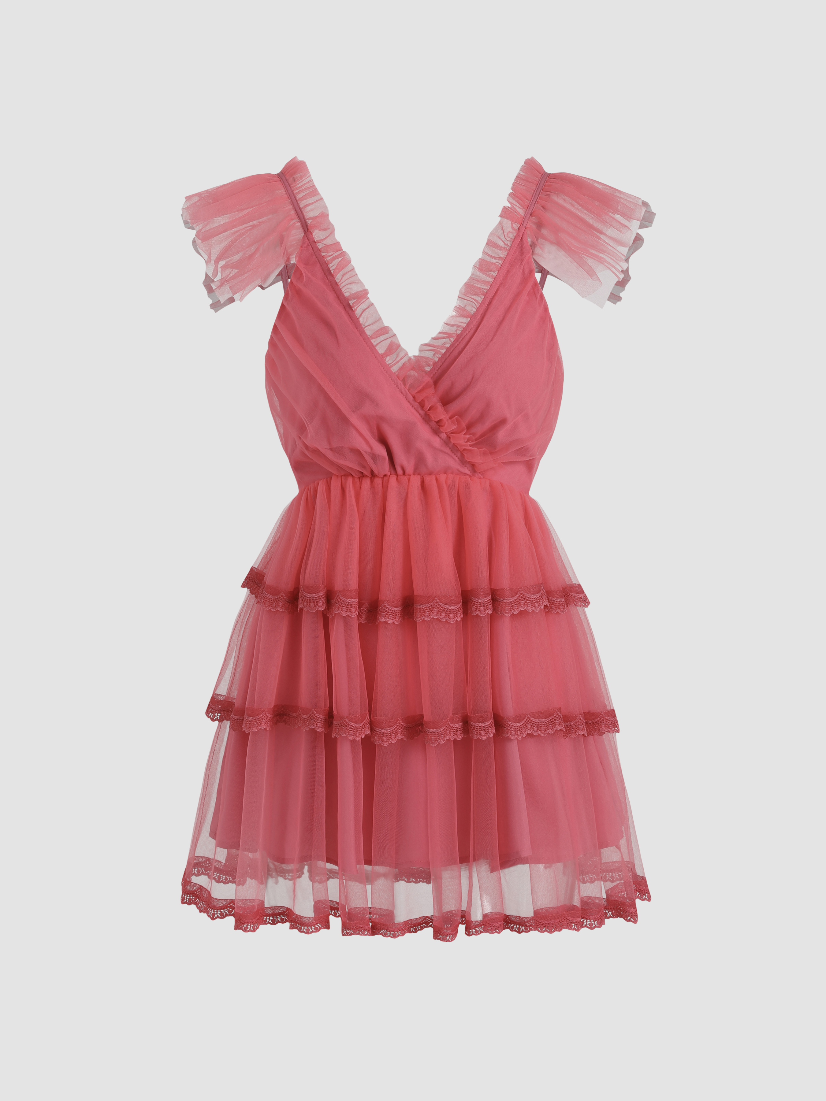 Solid Mesh Ruffled Dress For Date Vacation
