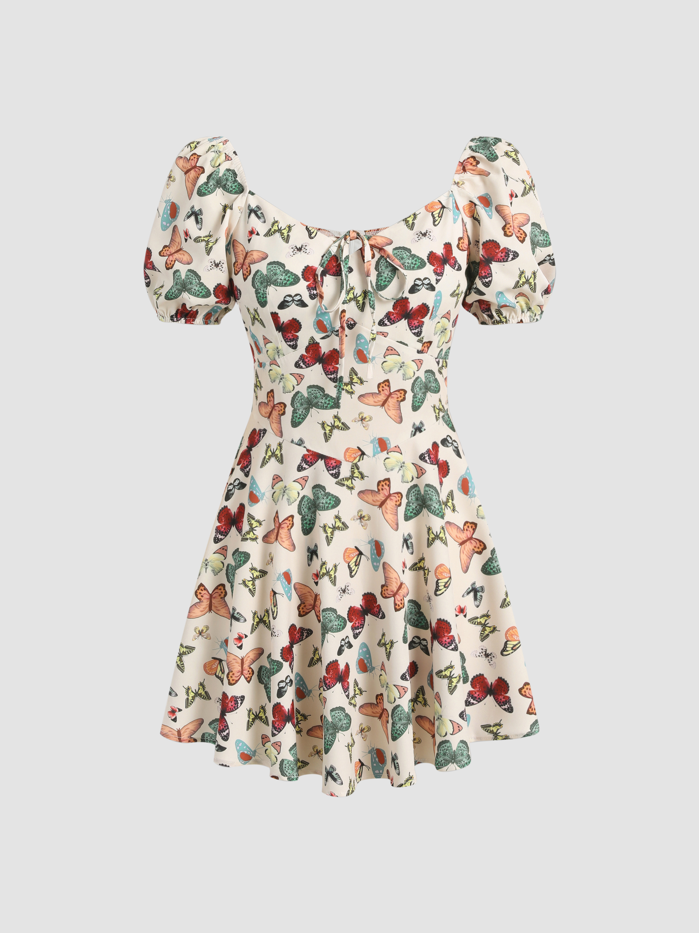 Colorful Butterfly Puff Sleev Dress Cider
