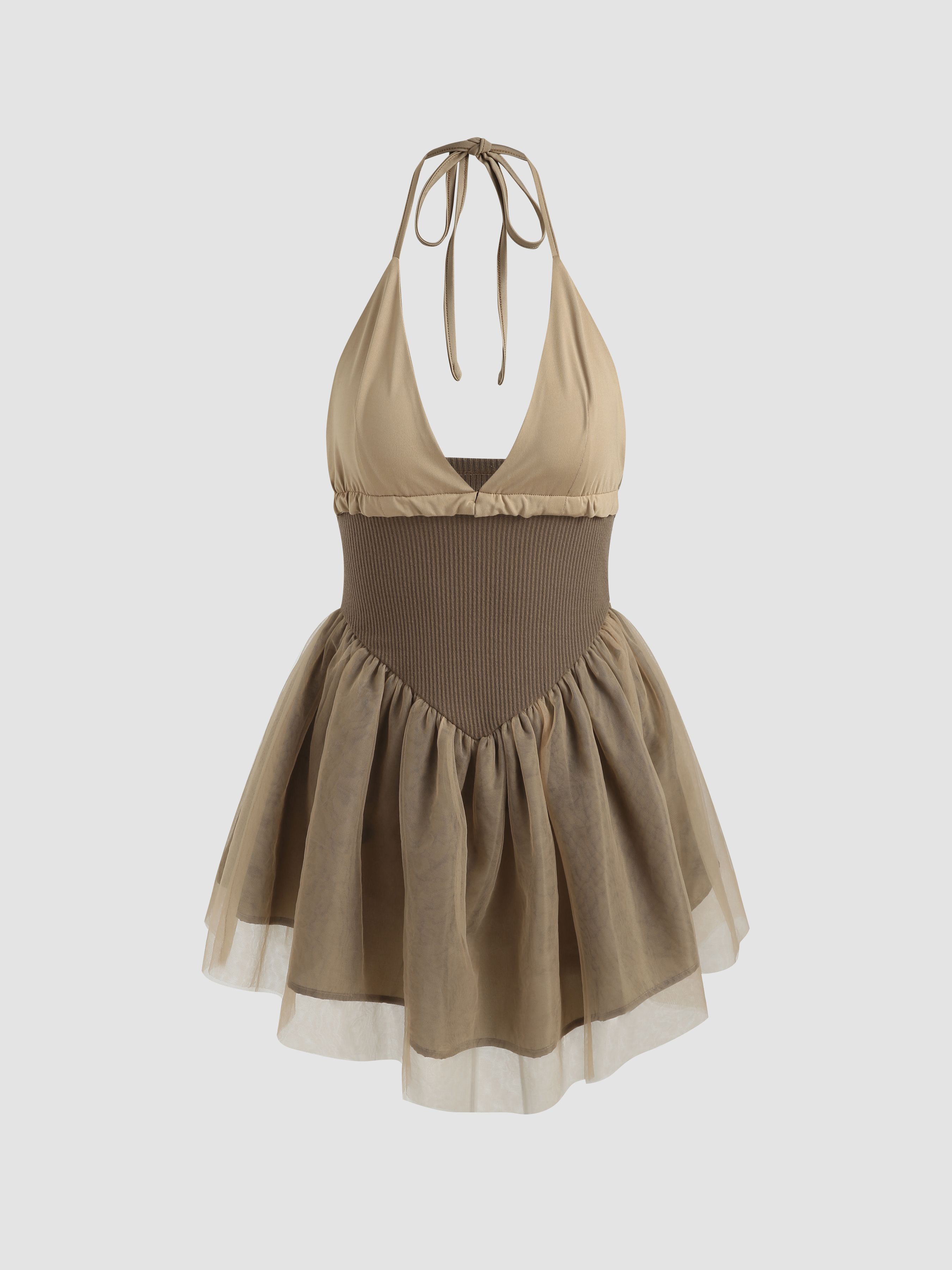 Solid V Neckline Mini Babydoll Dress - Cider