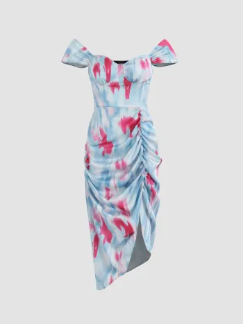  Illusion Tie Dye Gerafftes Midikleid