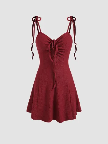 Solid Tie Shoulder Drawstring Mini Dress
