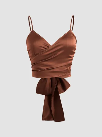 Solid Cross Wrap Front Tie Back Crop Tank Top