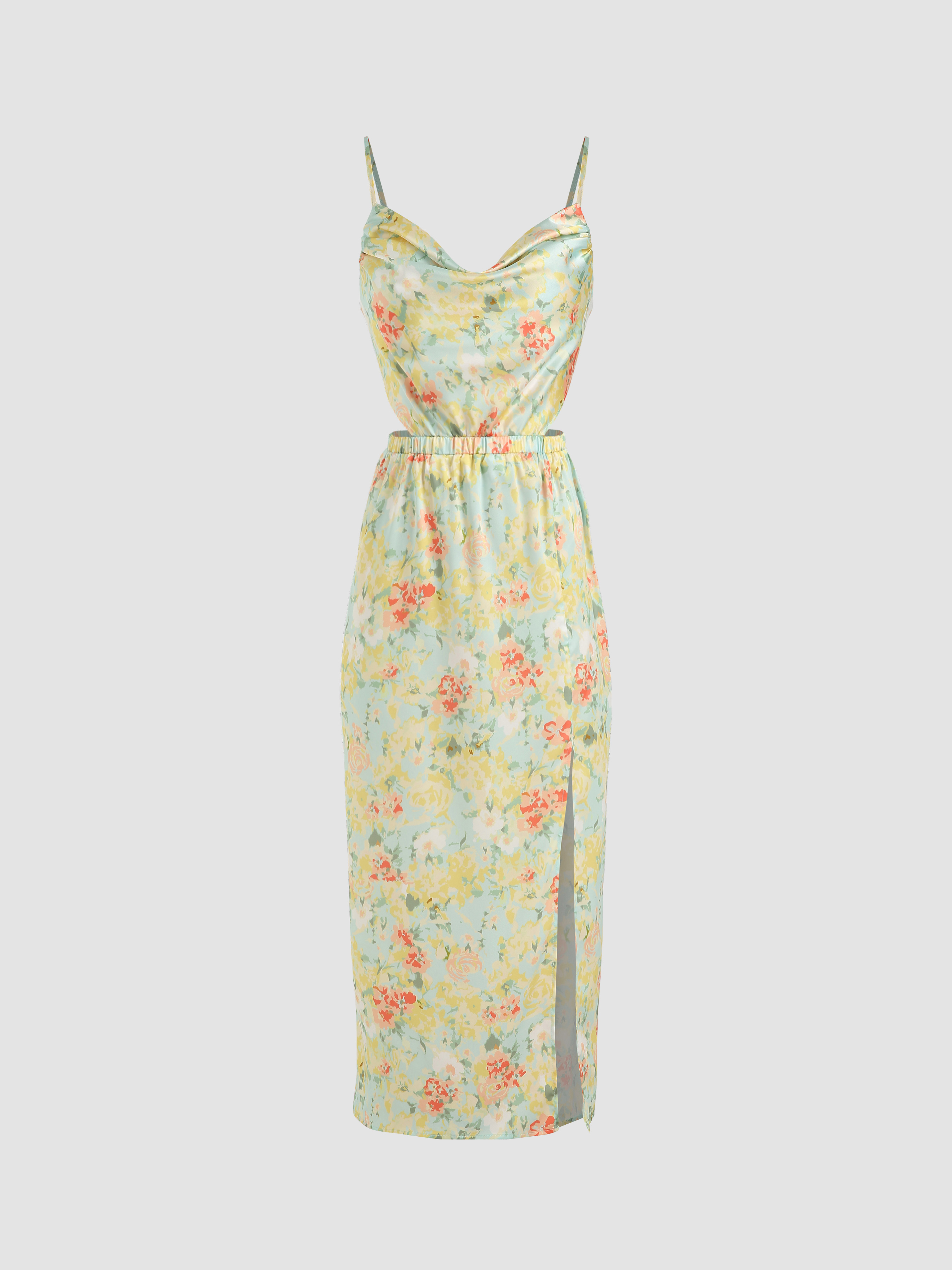 Floral Cowl Neck Tie Back Midi Dress Cider