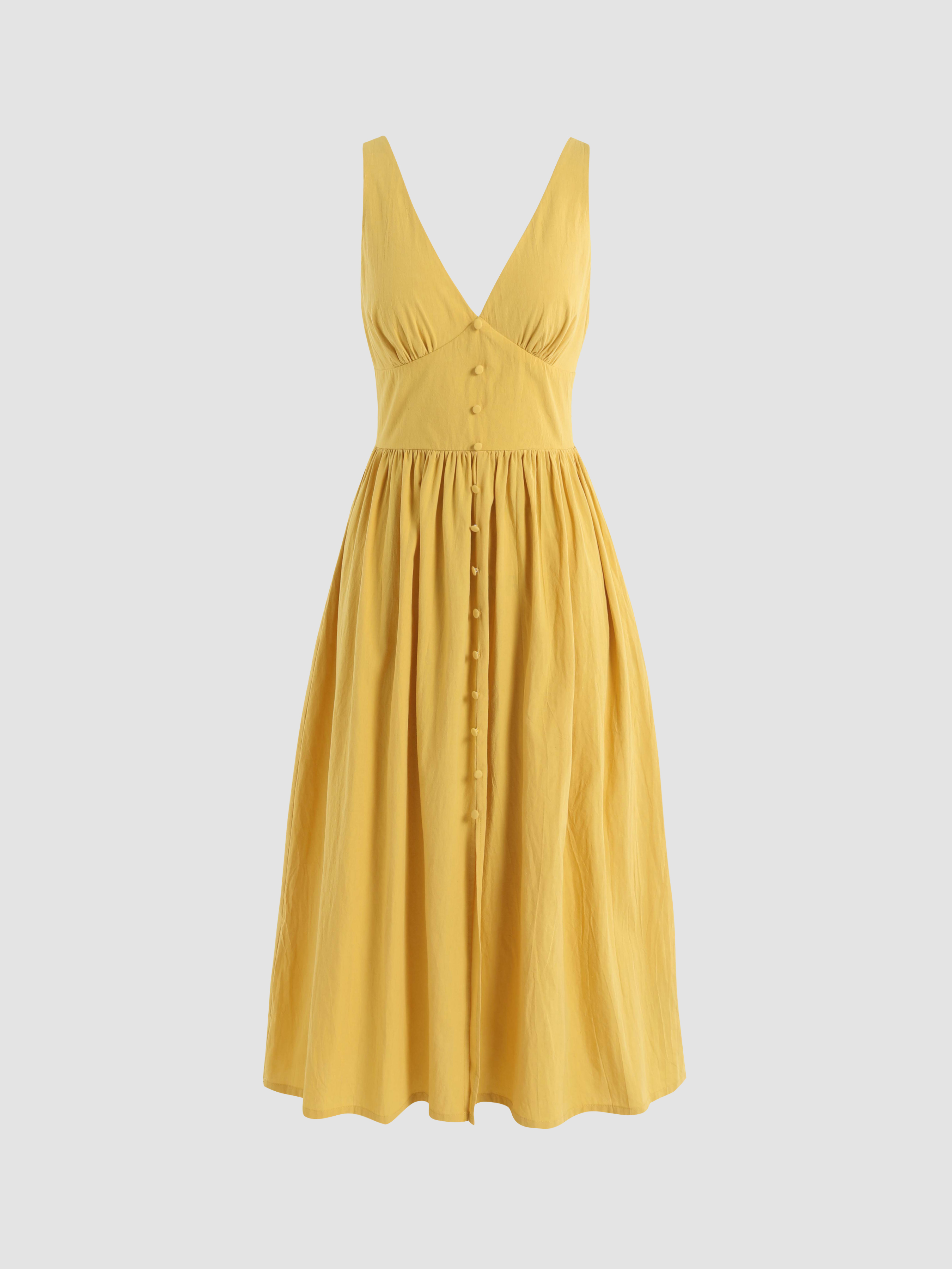 Solid Backless Button Summer Midi Dress - Cider
