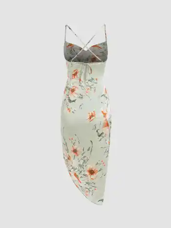Geblümtes Midikleid aus Satin mit Rüschen