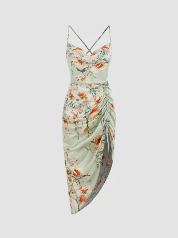 Geblümtes Midikleid aus Satin mit Rüschen