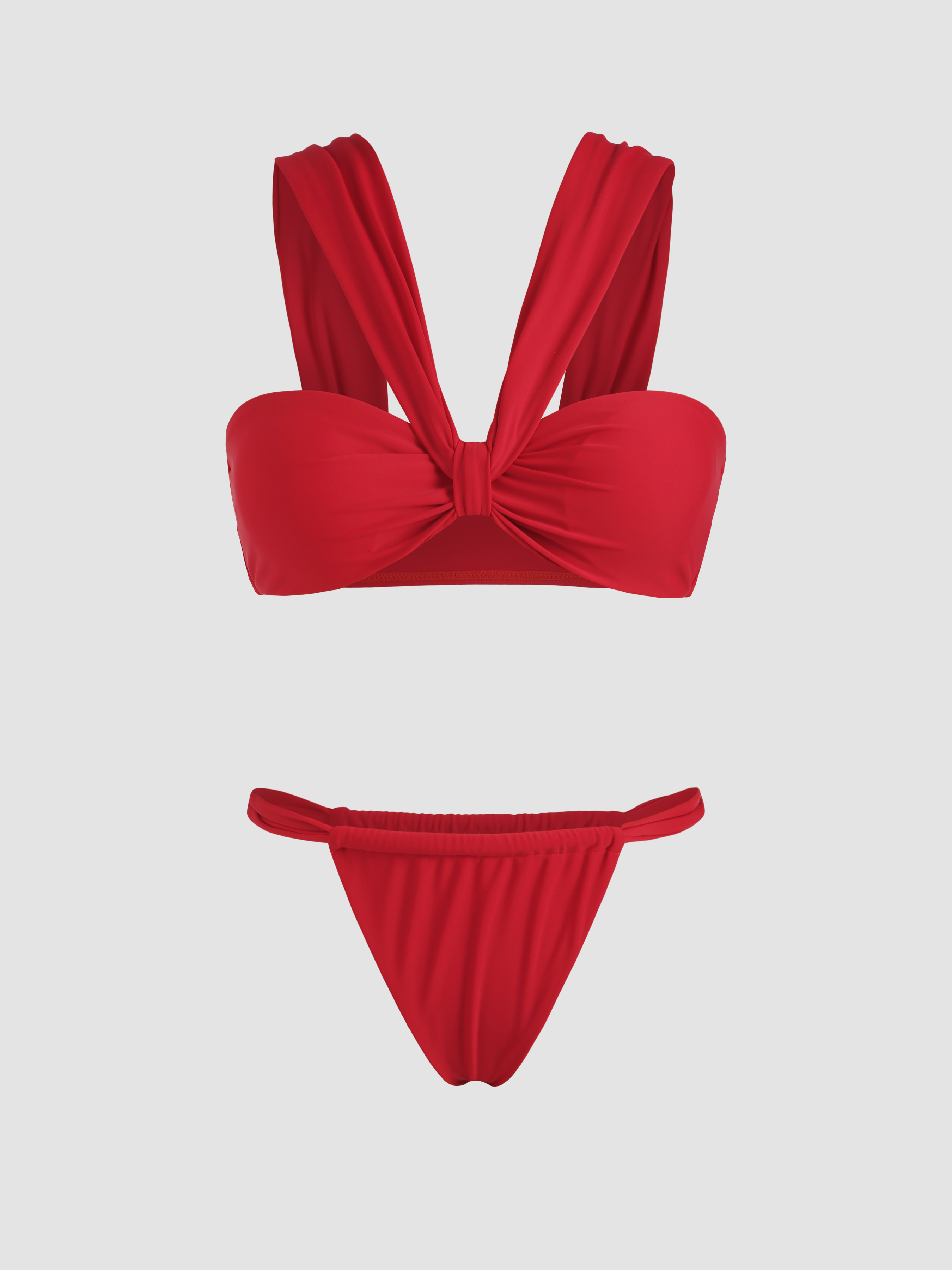 Solid Bowknot Thong Bikini Swimsuit Cider