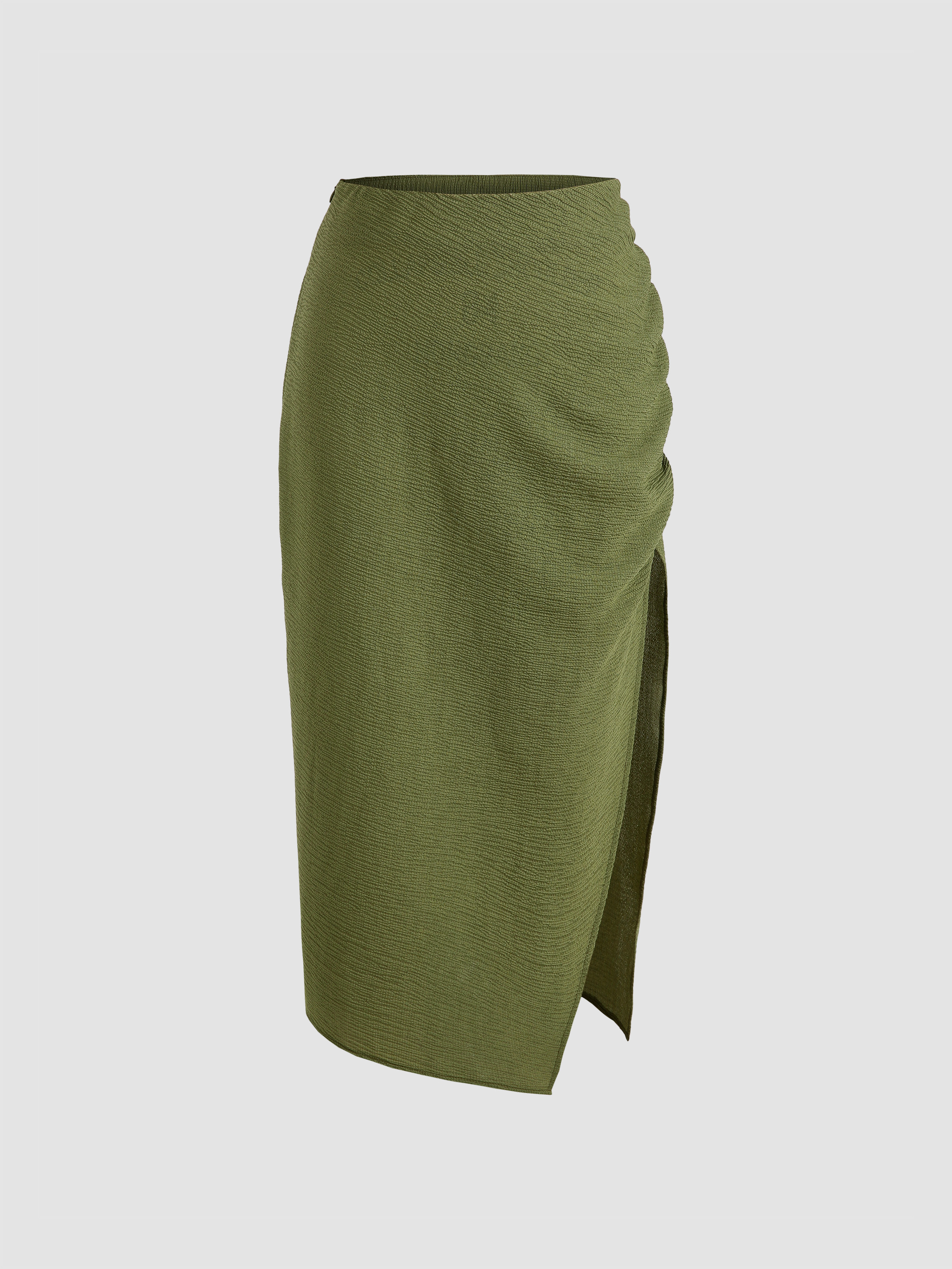 Solid Texture Slit Midi Skirt