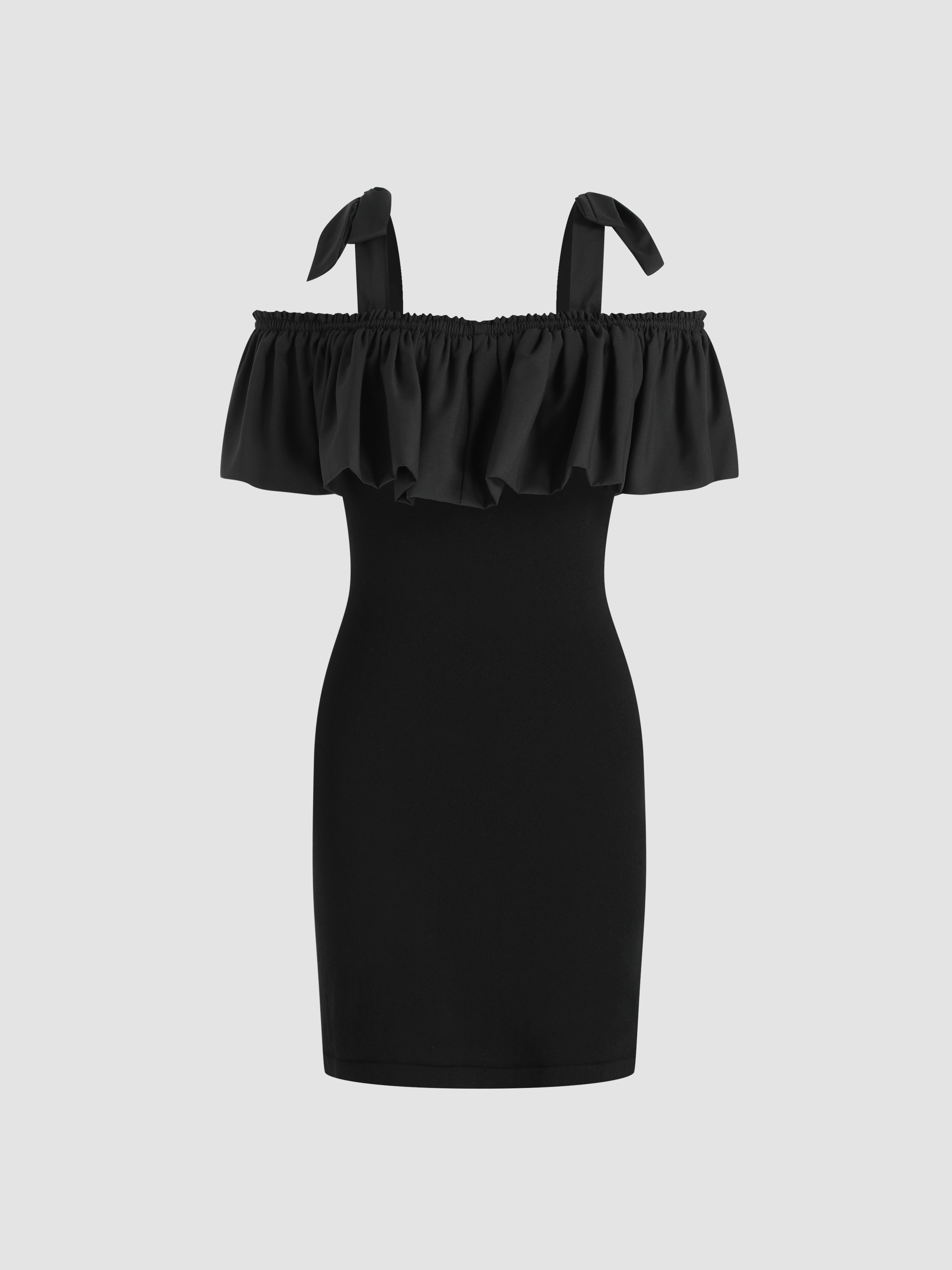 Knit Rib Ruffle Cold Shoulder Mini Dress Cider