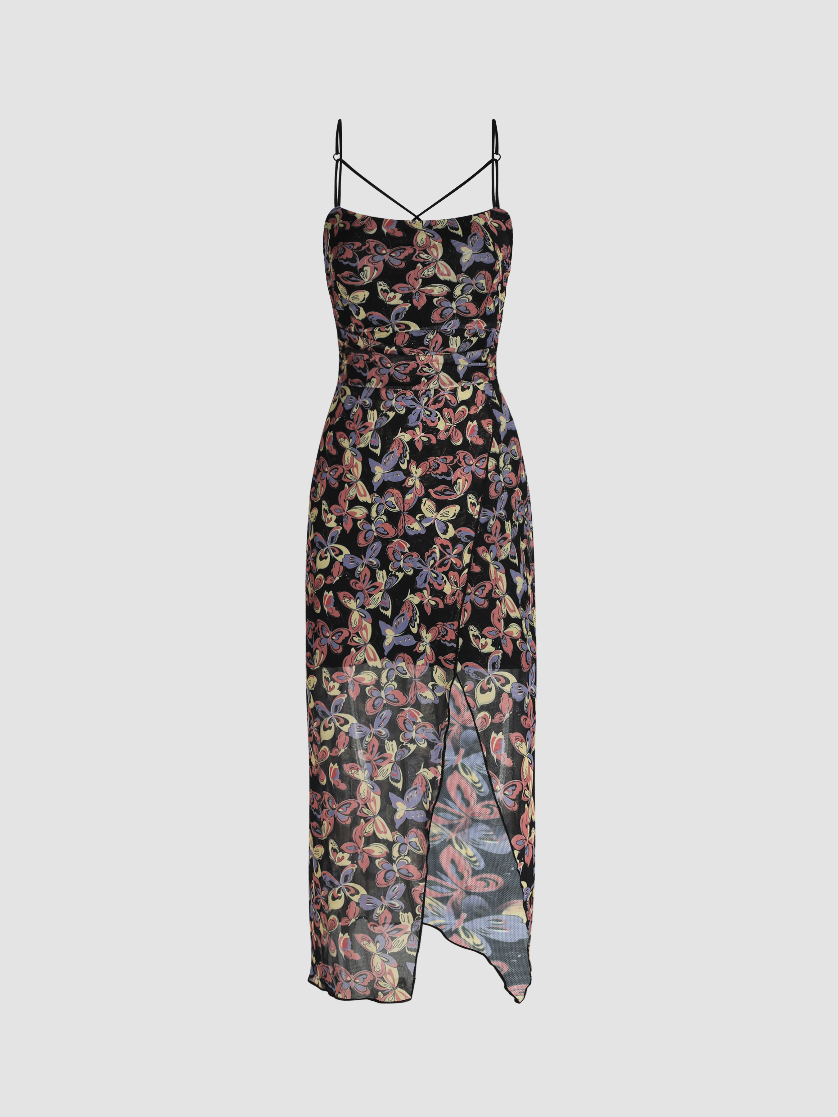 Butterfly Mesh Slit Midi Dress Cider