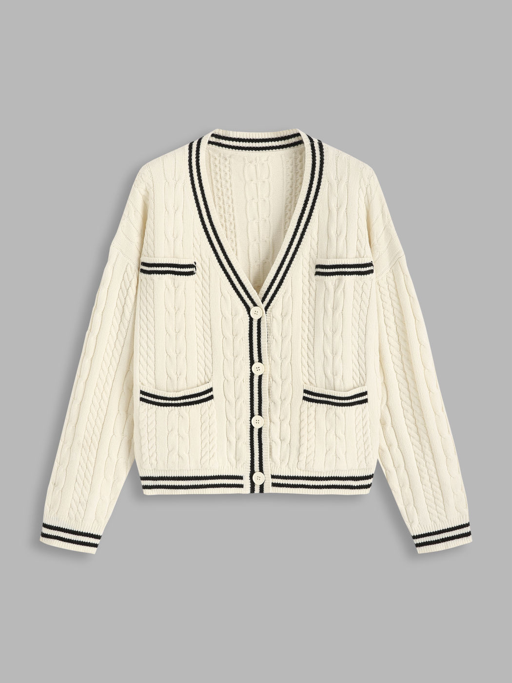 Cable Knit Contrast Trim Cardigan