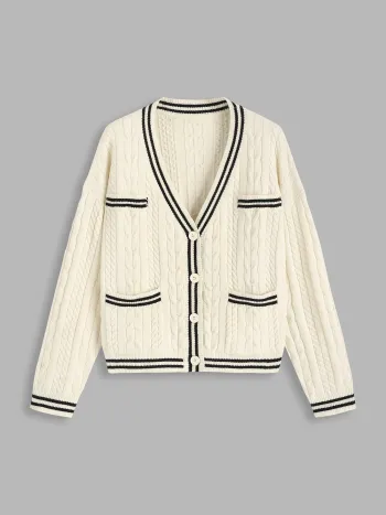Cable Knit Contrast Trim Cardigan