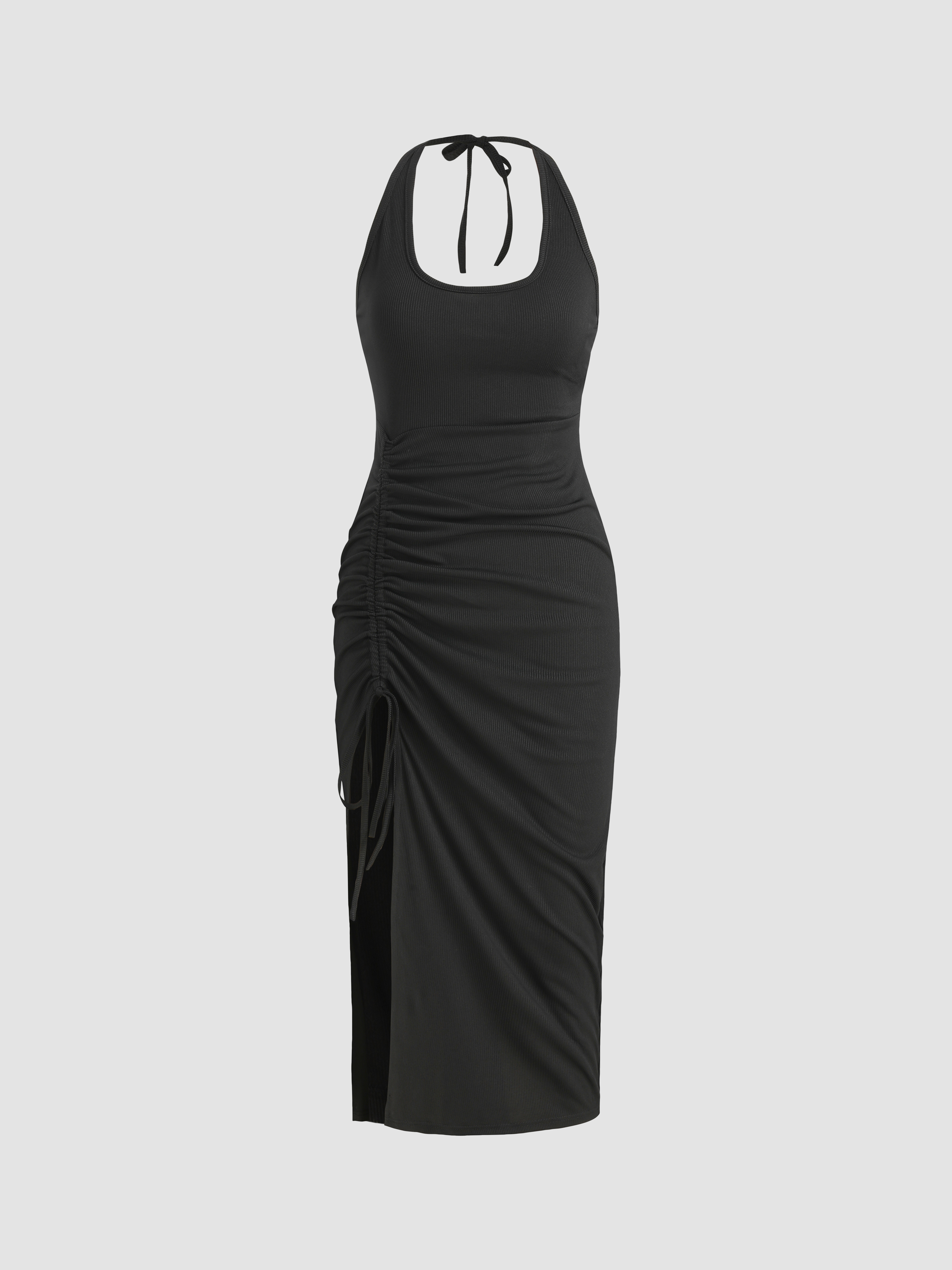 Solid Rib Ruched Midi Dress - Cider