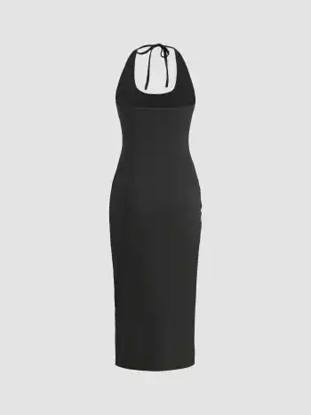 Solid Rib Ruched Midi Dress