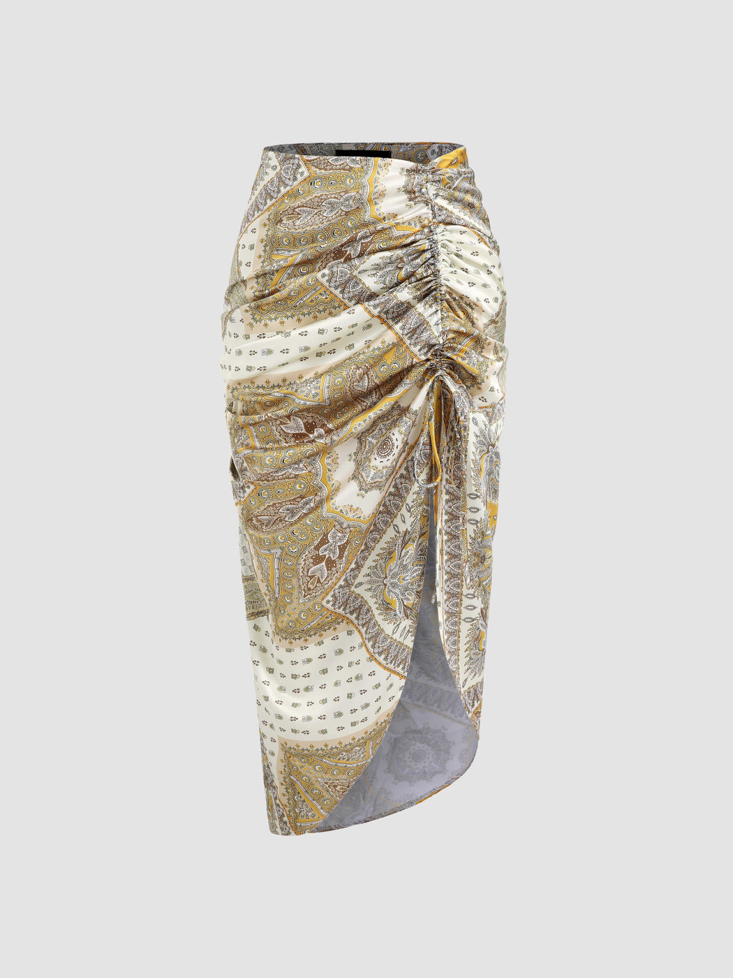 Boho Paisley Ruched Slit Midi Skirt