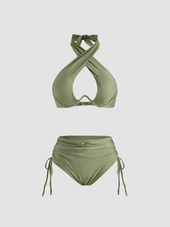 Solid Criss Cross Halter Underwire Bikini Set