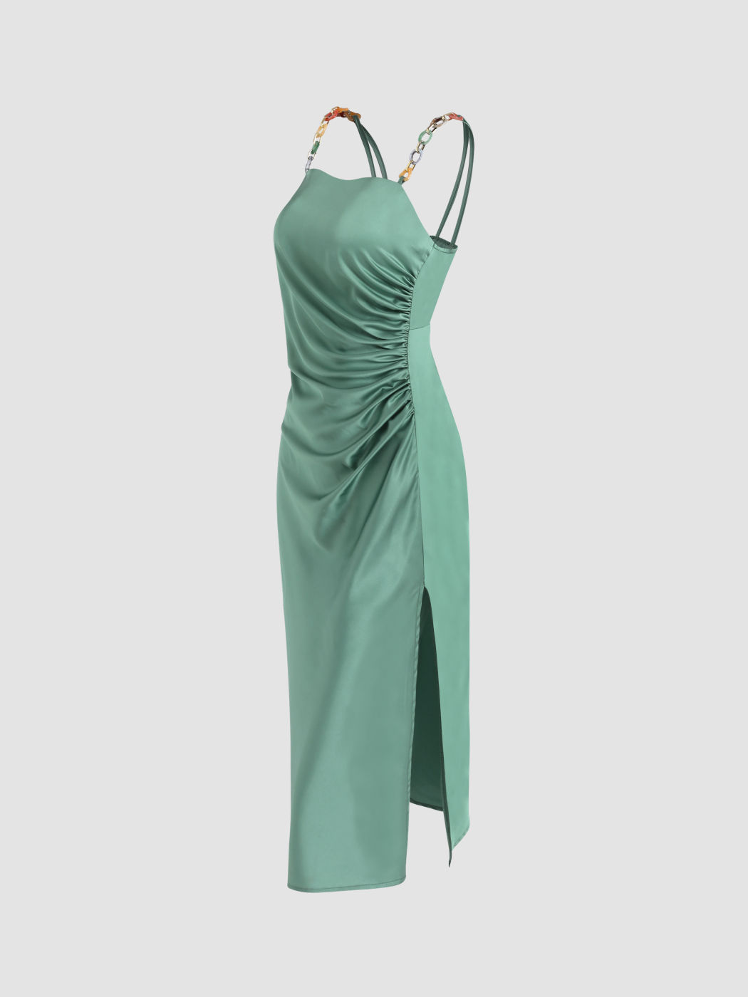 Schlitz-Midikleid aus Satin mit Kettendetail