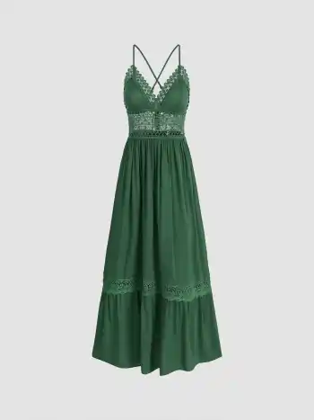Solid Lace Trim Tiered Maxi Dress