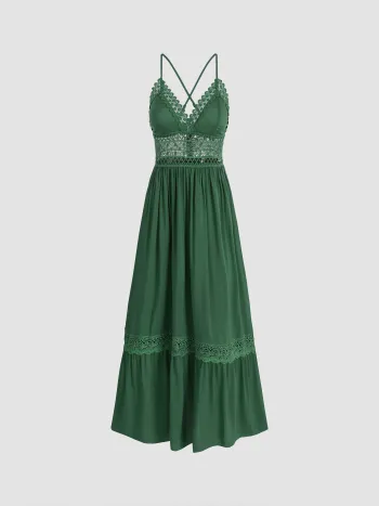 Einfarbiges Maxikleid mit Spitzenrand und Etagen