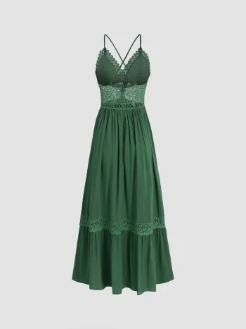 Solid Lace Trim Tiered Maxi Dress