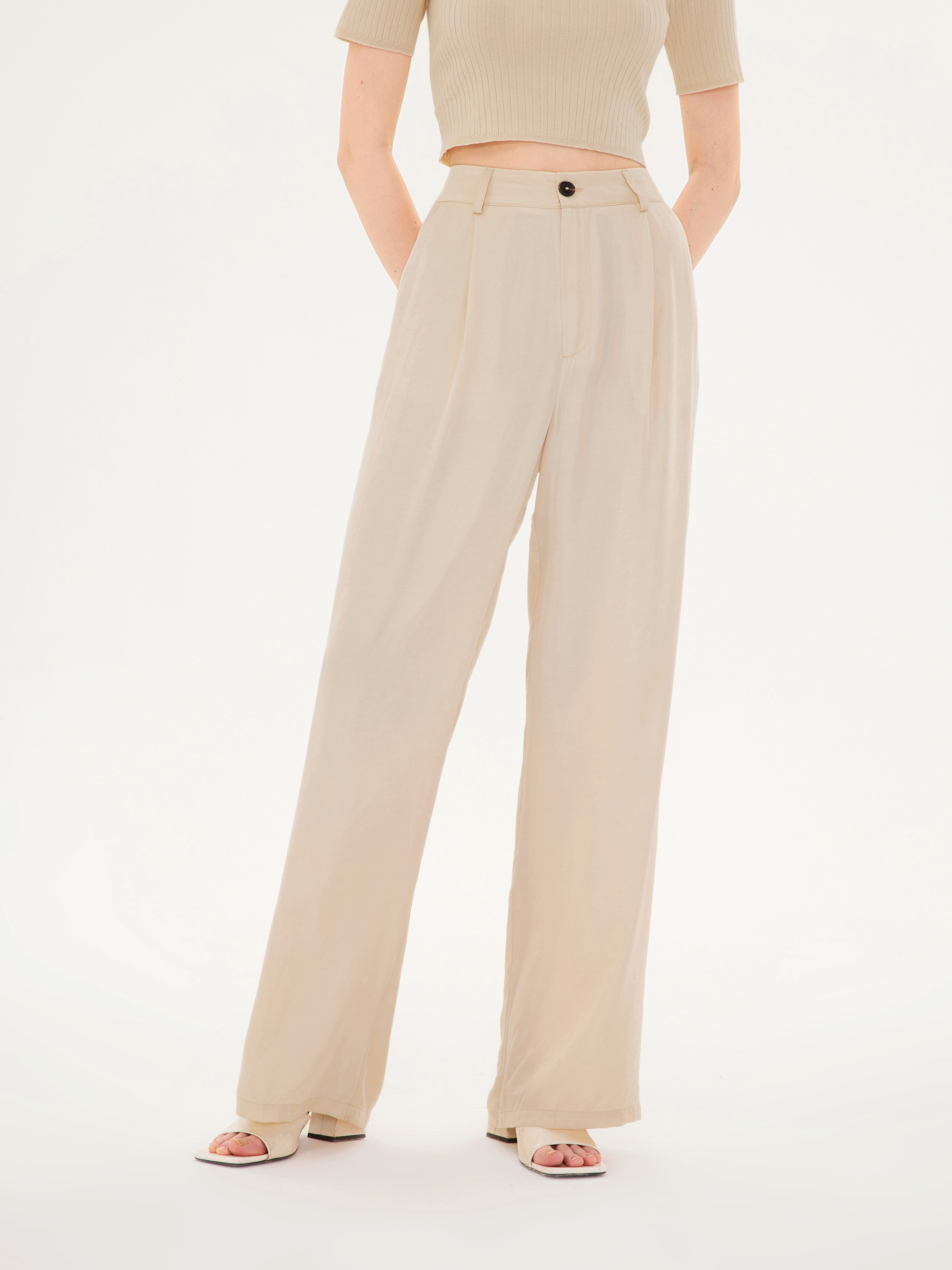 Beige Solid Pleated Trousers