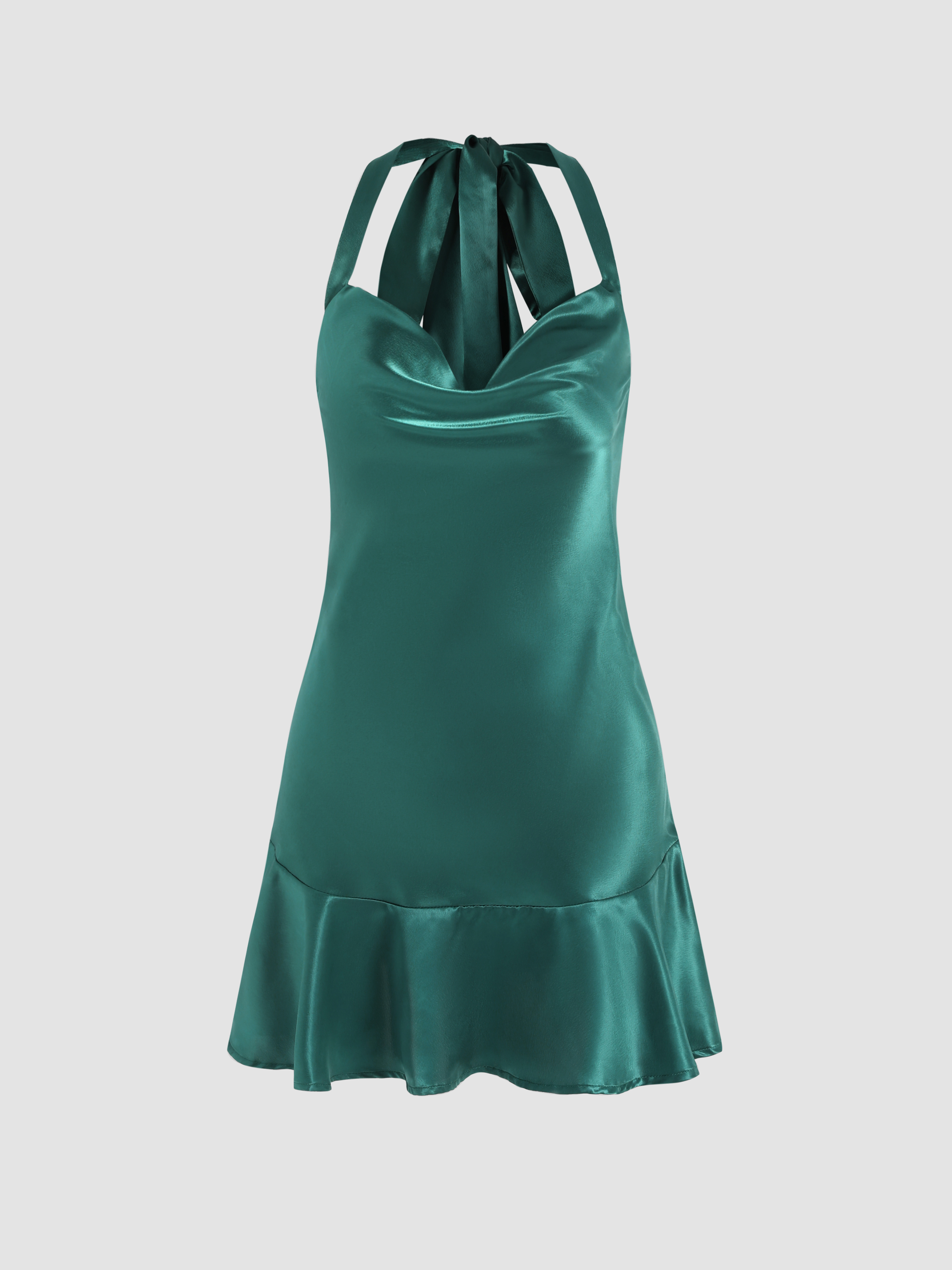 Solid Ruffle Halter Knotted Dress For Date Vacation