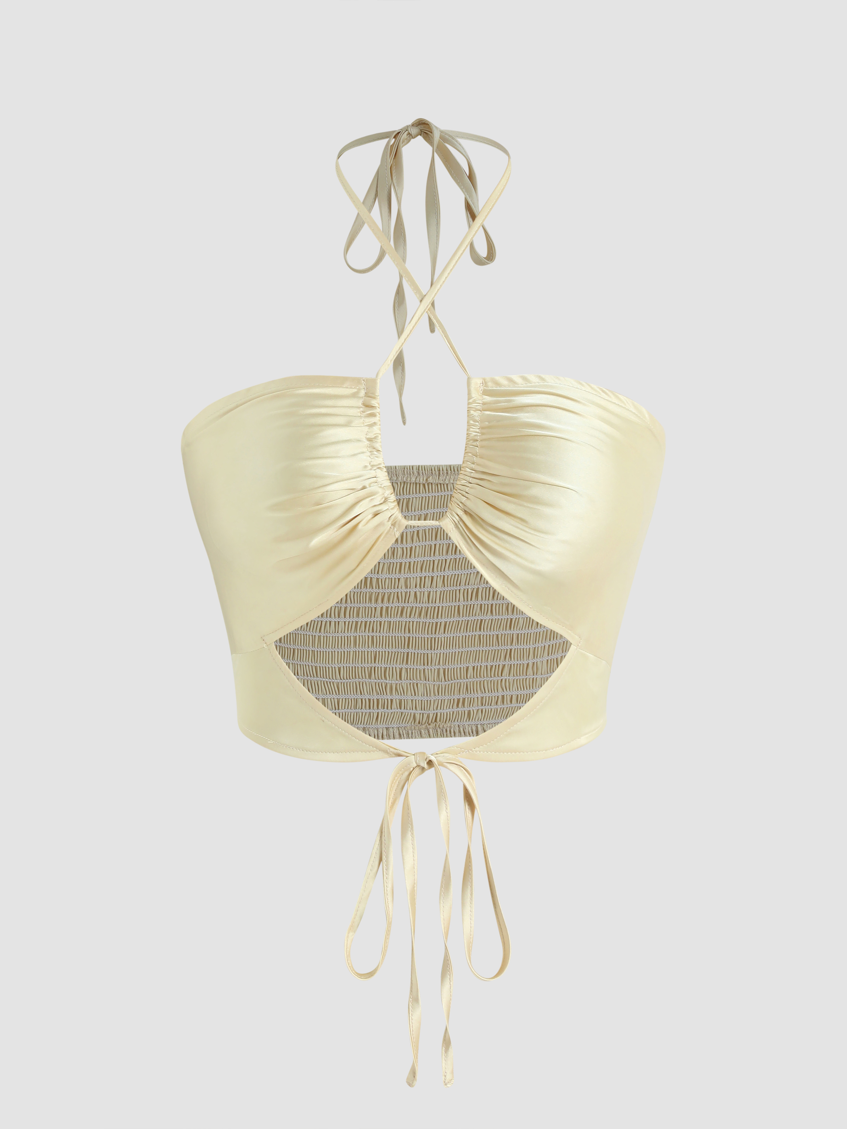 Solid Shirred Drawstring Halter Top Cider