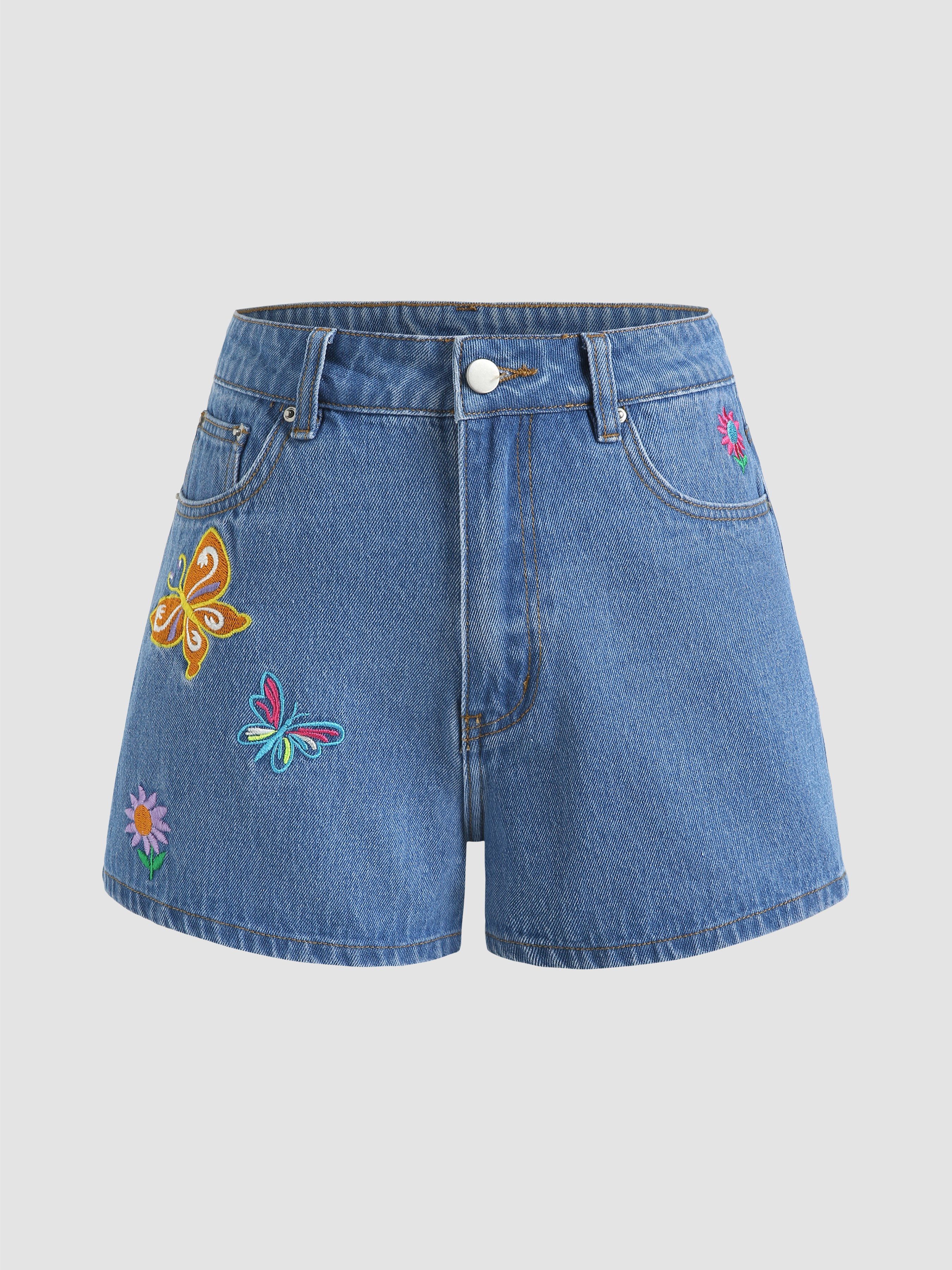 Embroidered Butterfly Denim Shorts - Cider