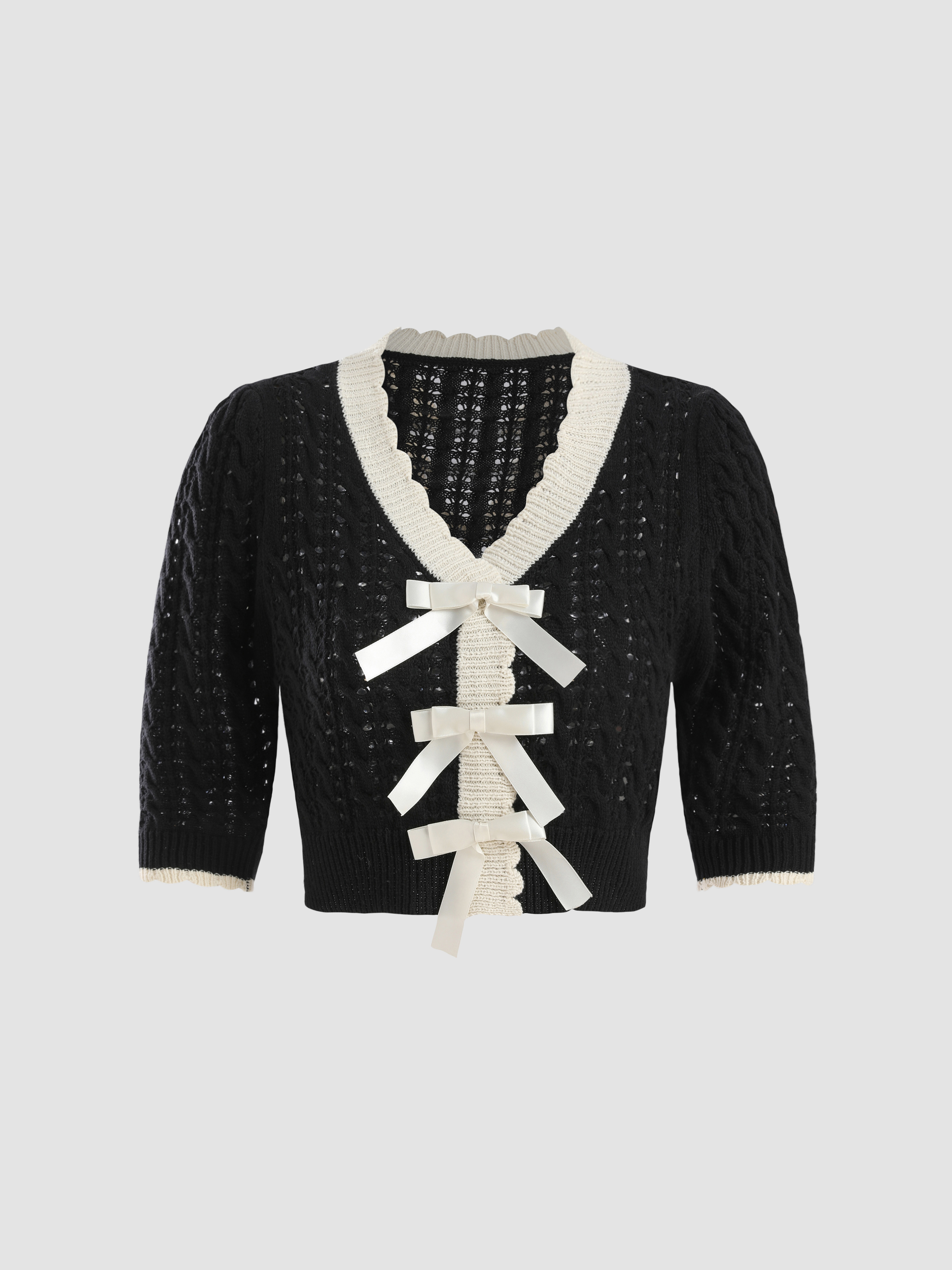 Knit Contrast Binding Bowknot Crop Top Cider